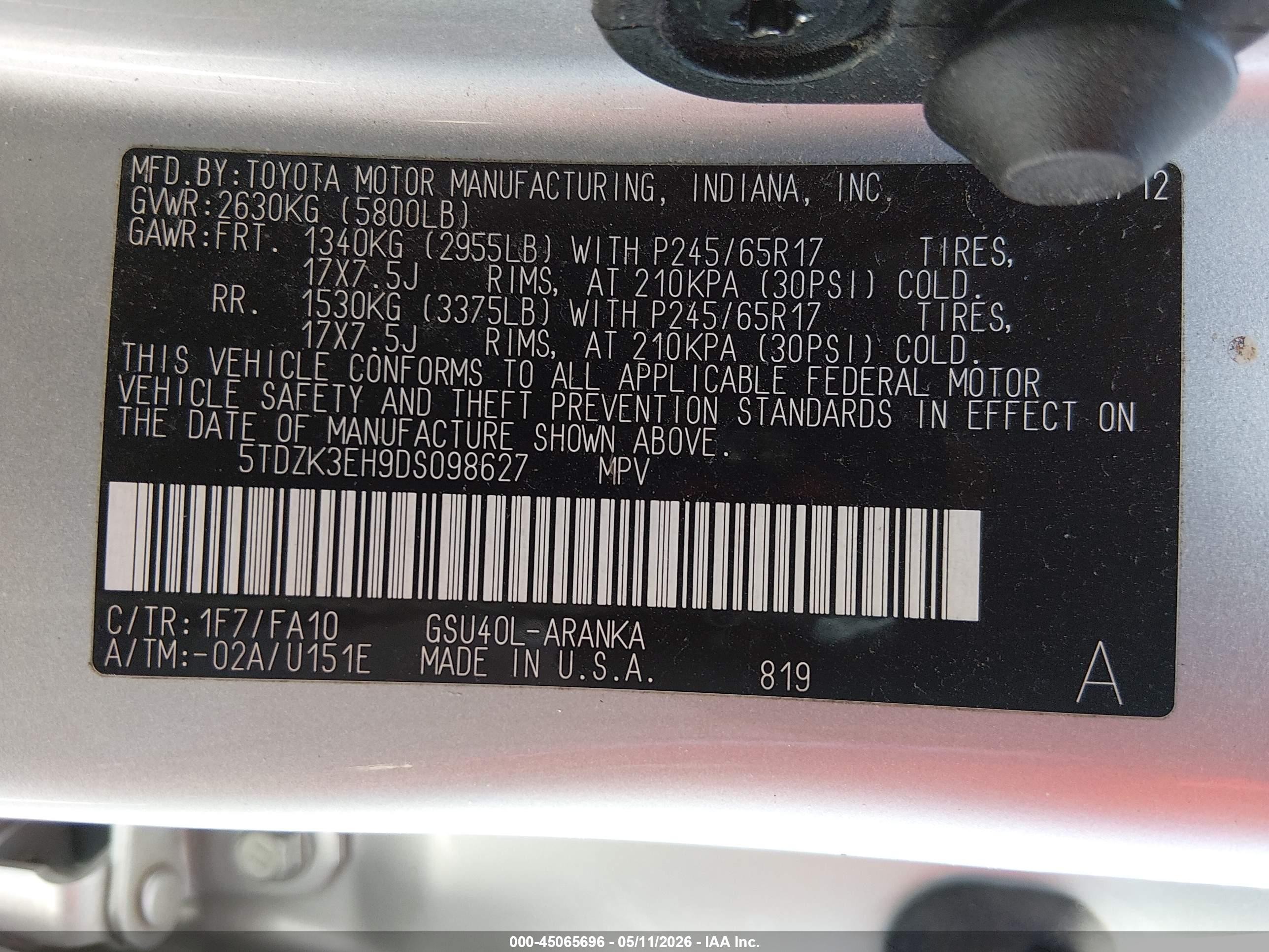 2013 Toyota Highlander Base Plus V6 Gray vin: 5TDZK3EH9DS098627