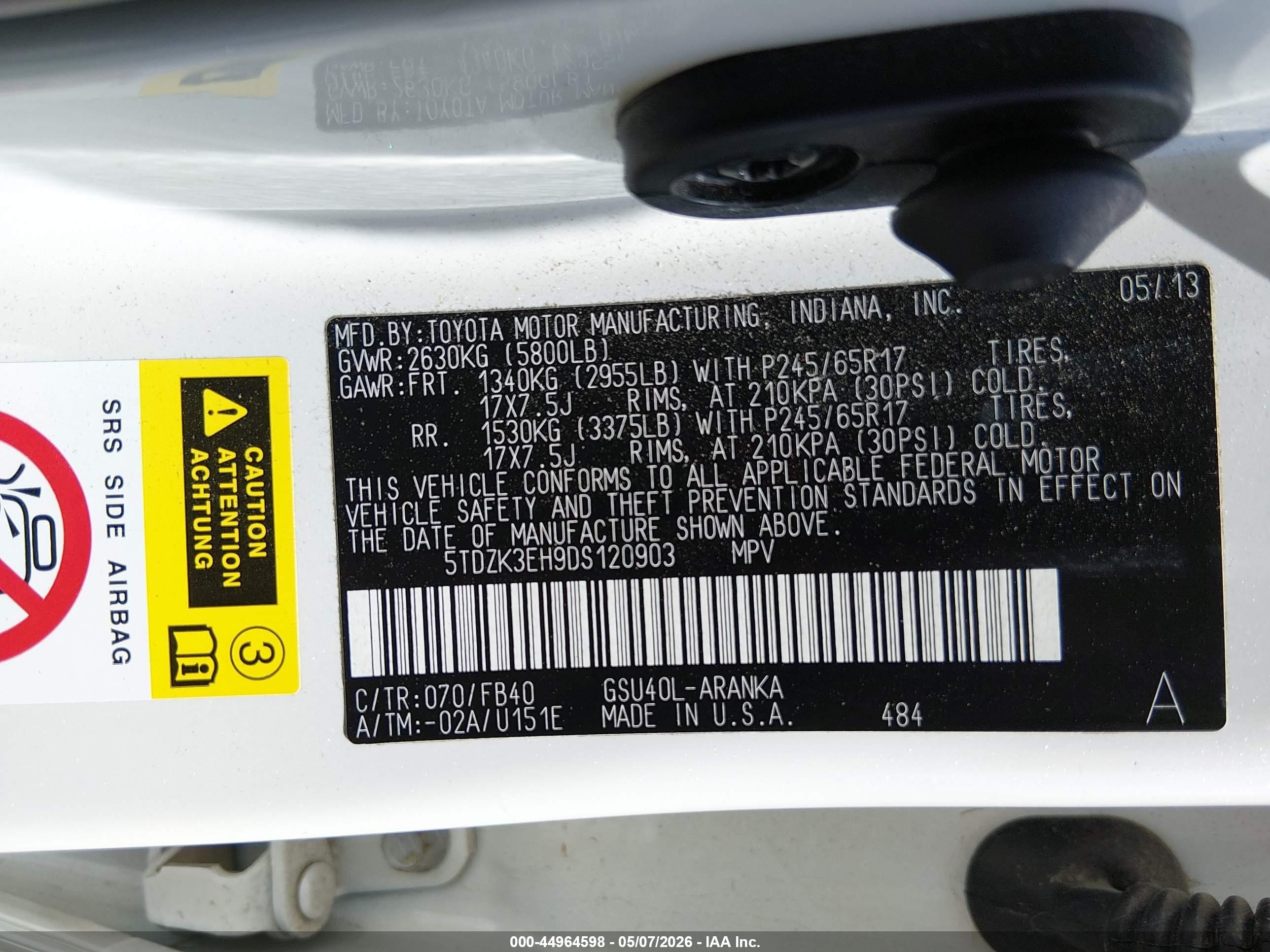 2013 Toyota Highlander Base V6 White vin: 5TDZK3EH9DS120903