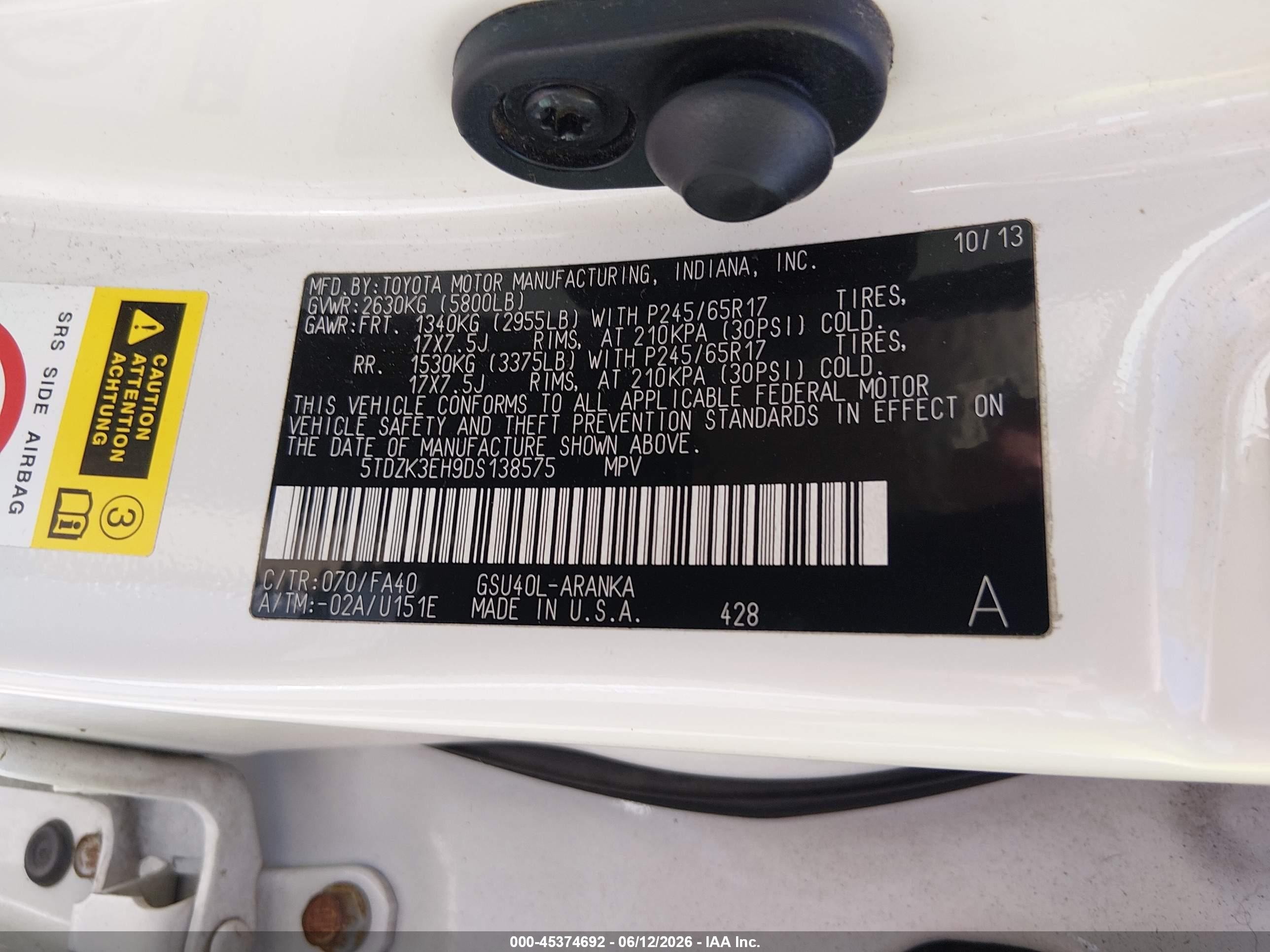 2013 Toyota Highlander Base Plus V6 Белый vin: 5TDZK3EH9DS138575