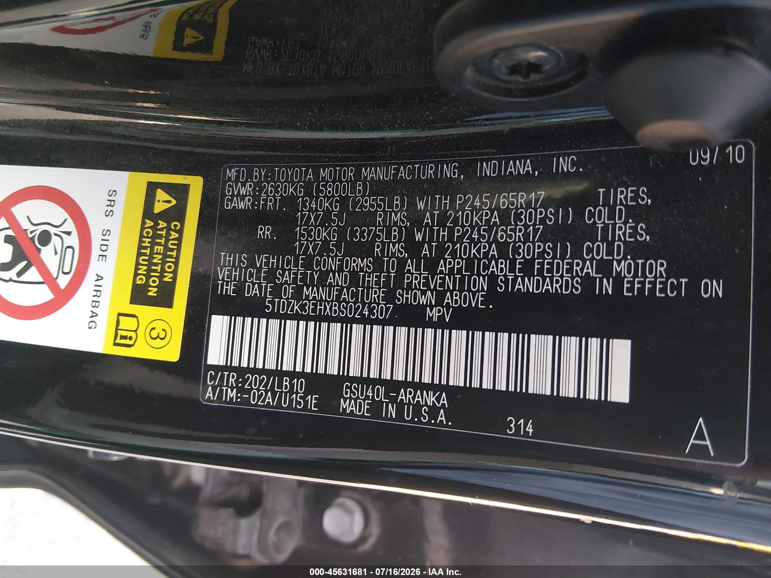 2011 Toyota Highlander Se V6 Черный vin: 5TDZK3EHXBS024307