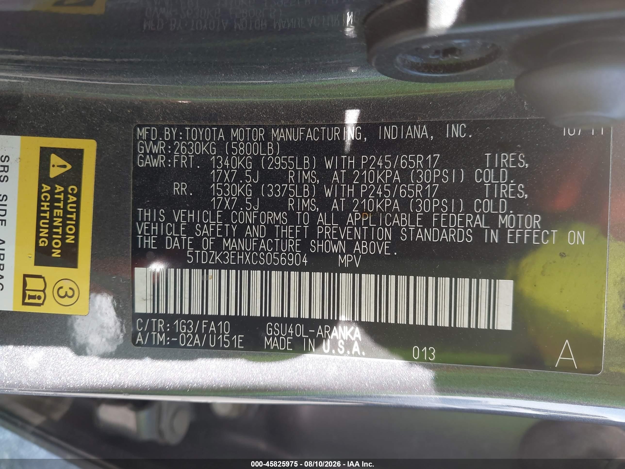 2012 Toyota Highlander Base V6 Gray vin: 5TDZK3EHXCS056904