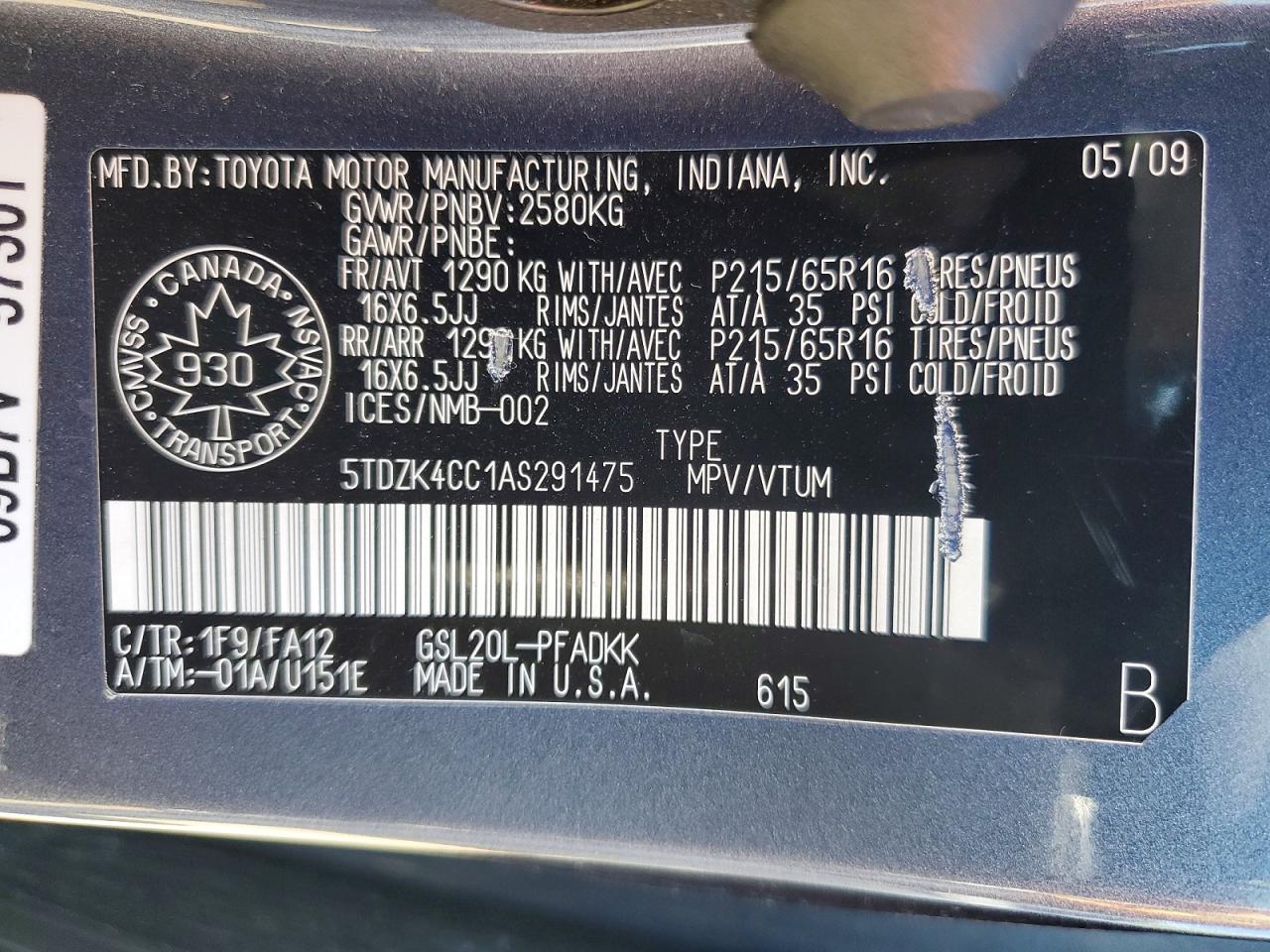 2010 Toyota Sienna Ce Угольный vin: 5TDZK4CC1AS291475