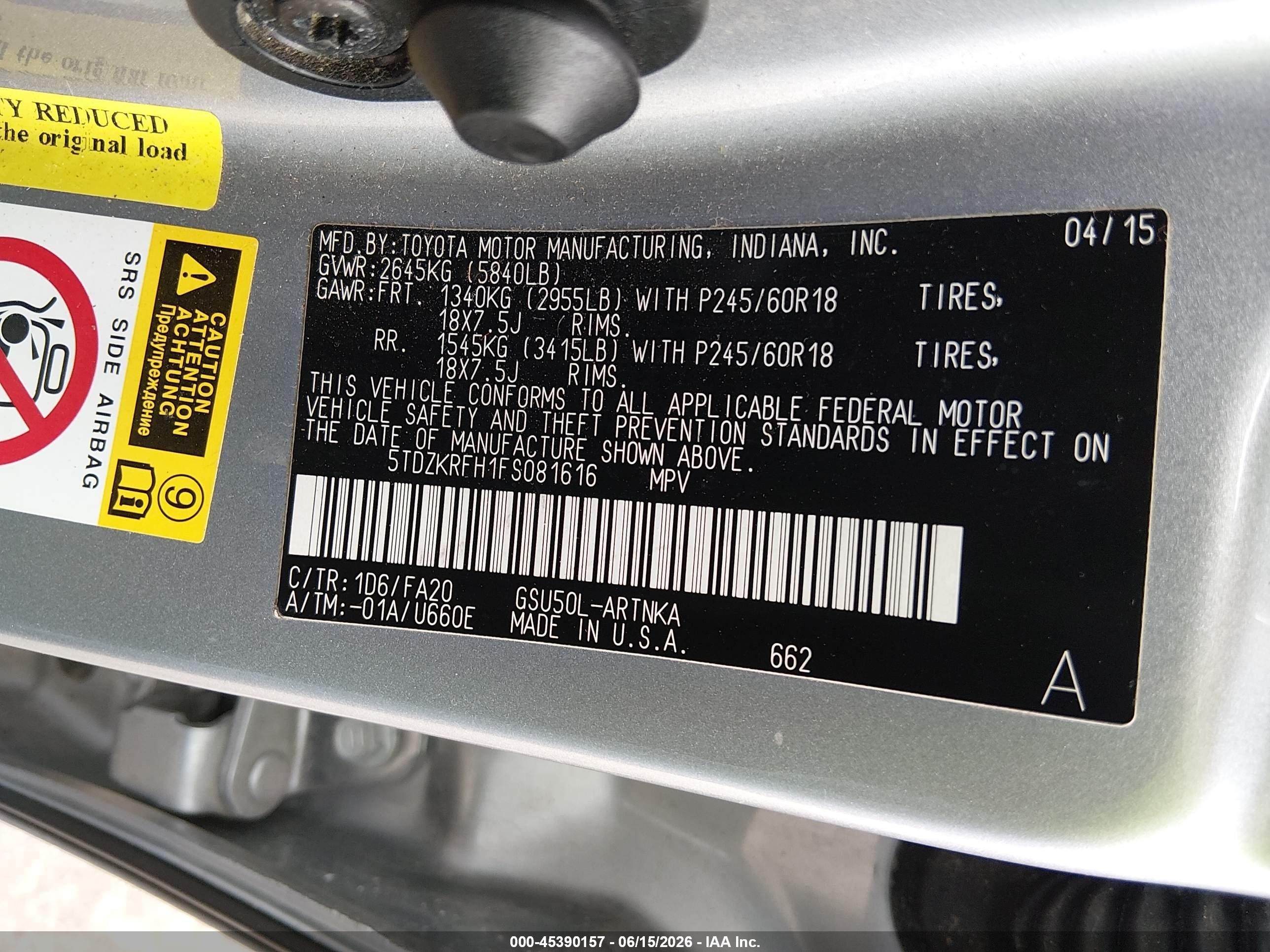 2015 Toyota Highlander Le Plus V6 Silver vin: 5TDZKRFH1FS081616