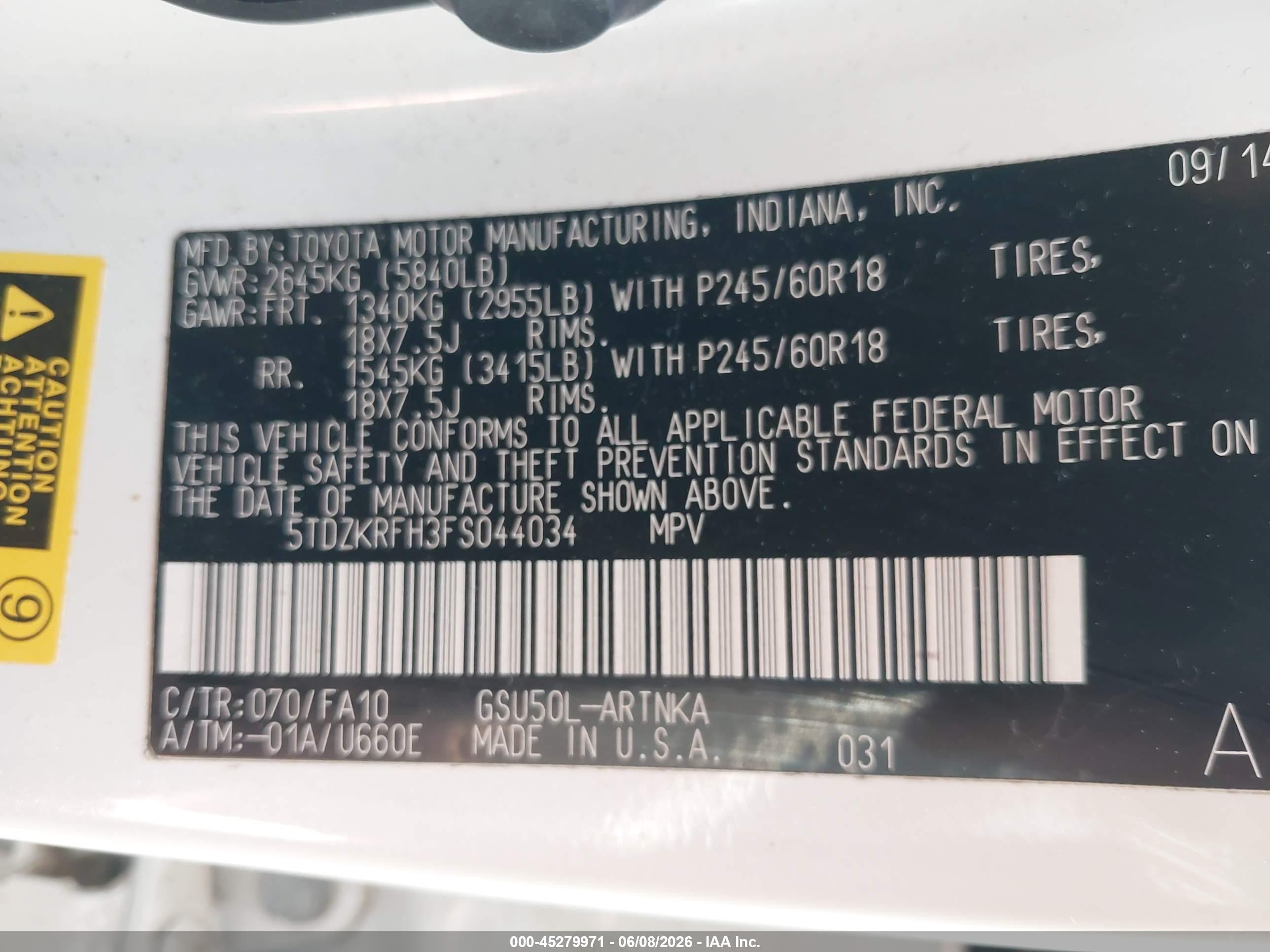 2015 Toyota Highlander Le Plus V6 Белый vin: 5TDZKRFH3FS044034
