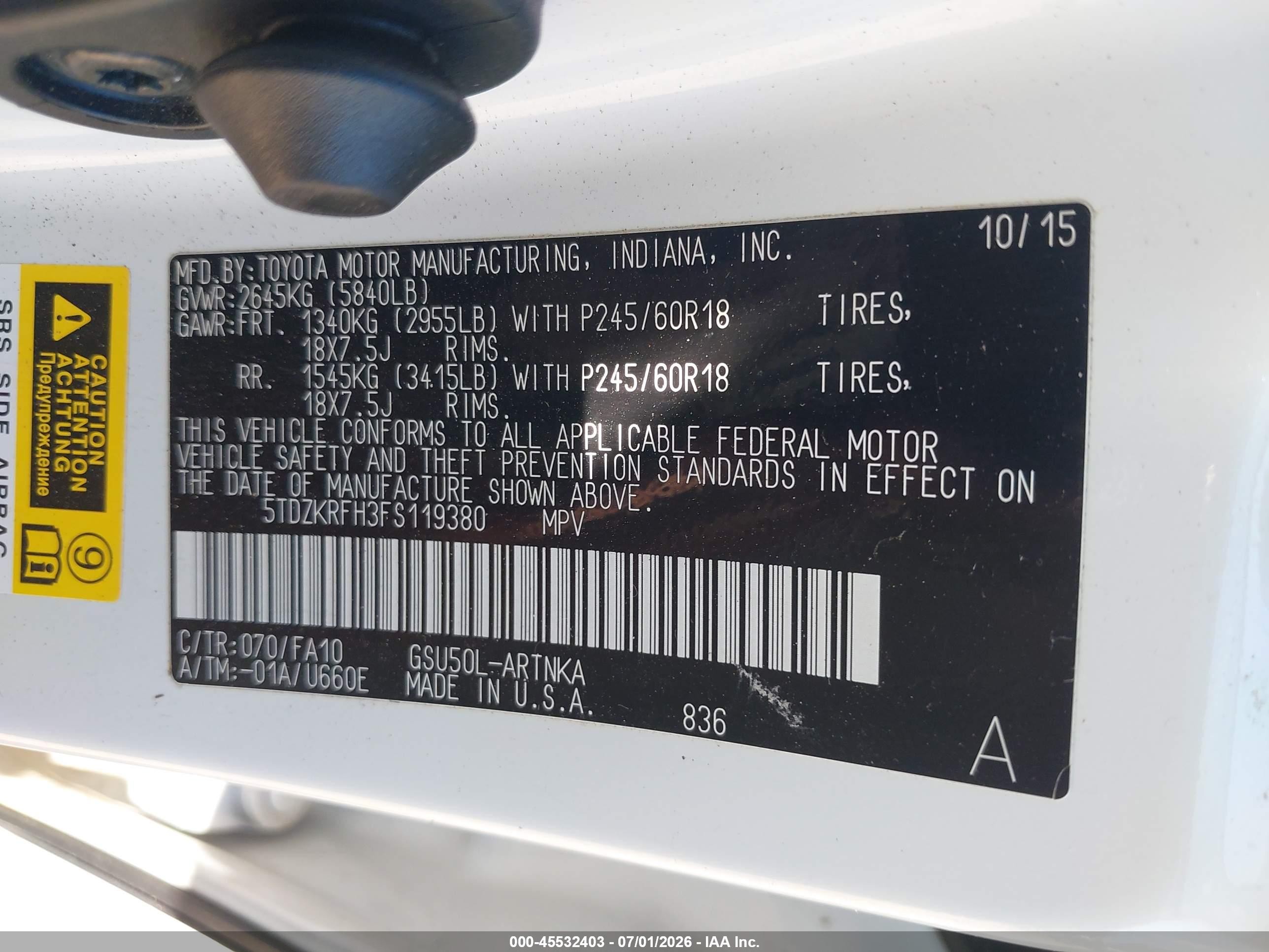 2015 Toyota Highlander Le Plus V6 White vin: 5TDZKRFH3FS119380