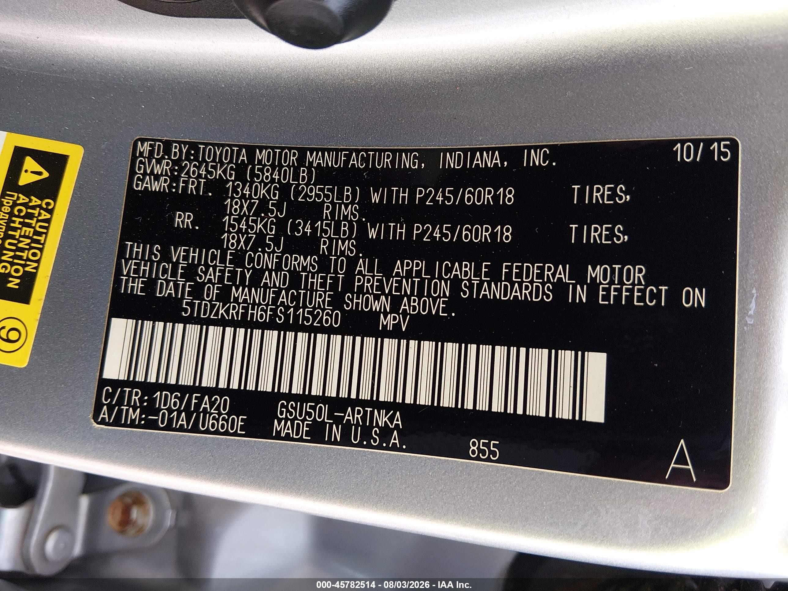 2015 Toyota Highlander Le Plus V6 Silver vin: 5TDZKRFH6FS115260