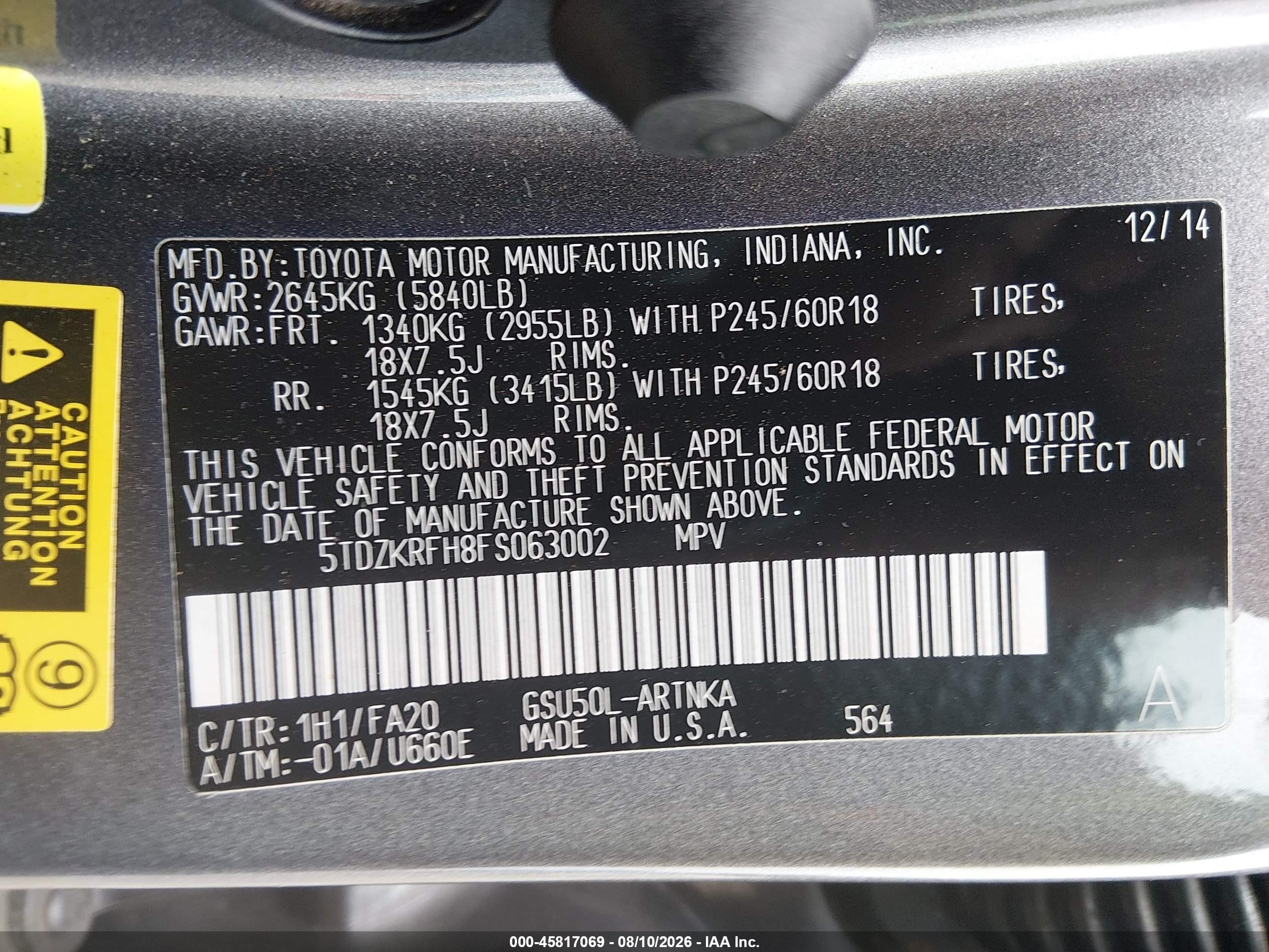 2015 Toyota Highlander Le Plus V6 Gray vin: 5TDZKRFH8FS063002
