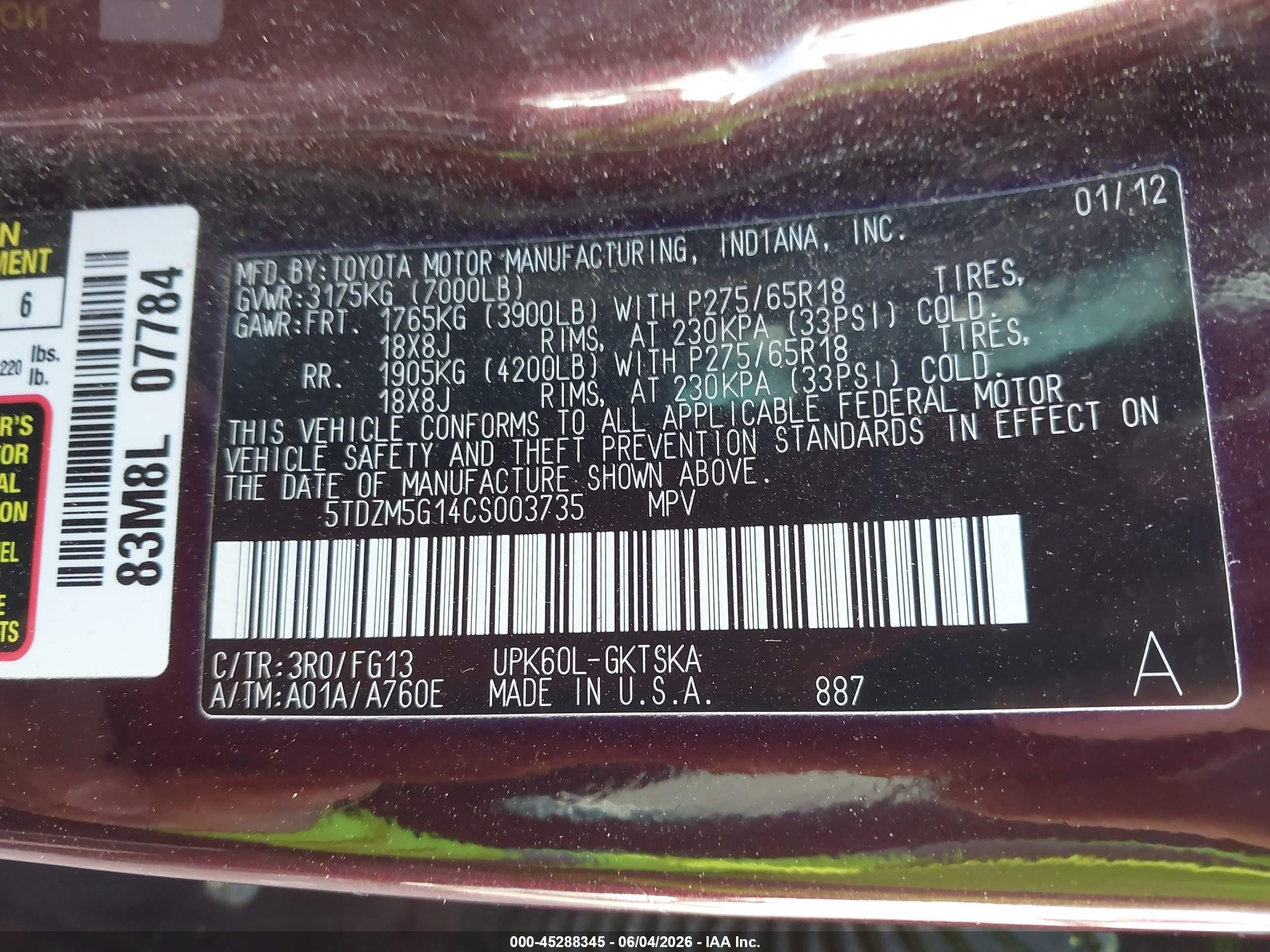 2012 Toyota Sequoia Sr5 4.6l V8 Purple vin: 5TDZM5G14CS003735