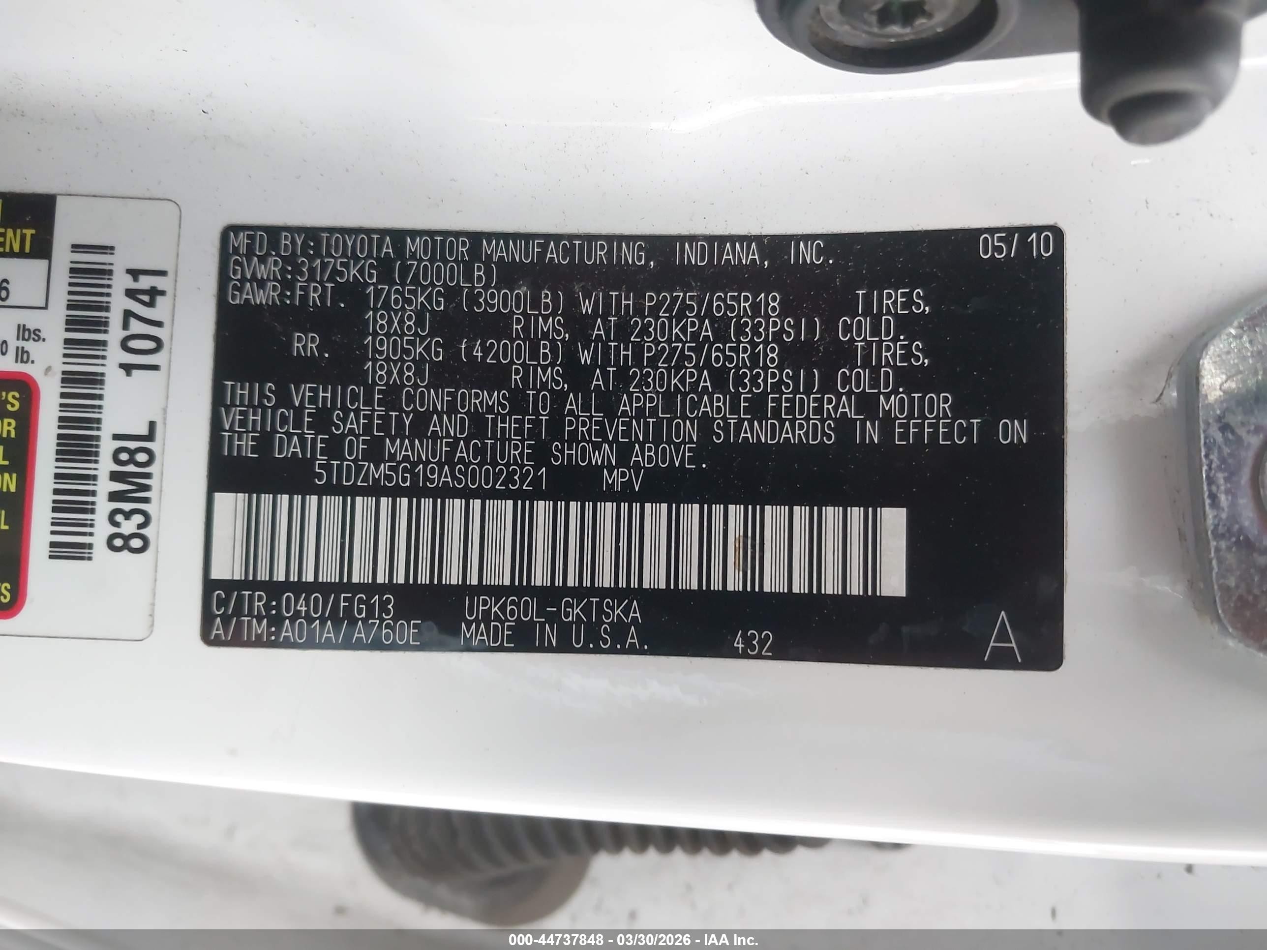 2010 Toyota Sequoia Sr5 4.6l V8 White vin: 5TDZM5G19AS002321