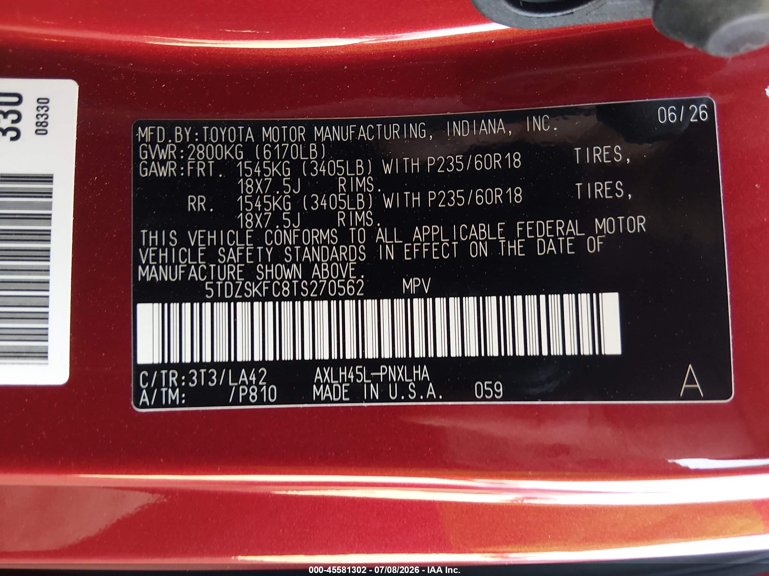 2026 Toyota Sienna Limited Red vin: 5TDZSKFC8TS270562