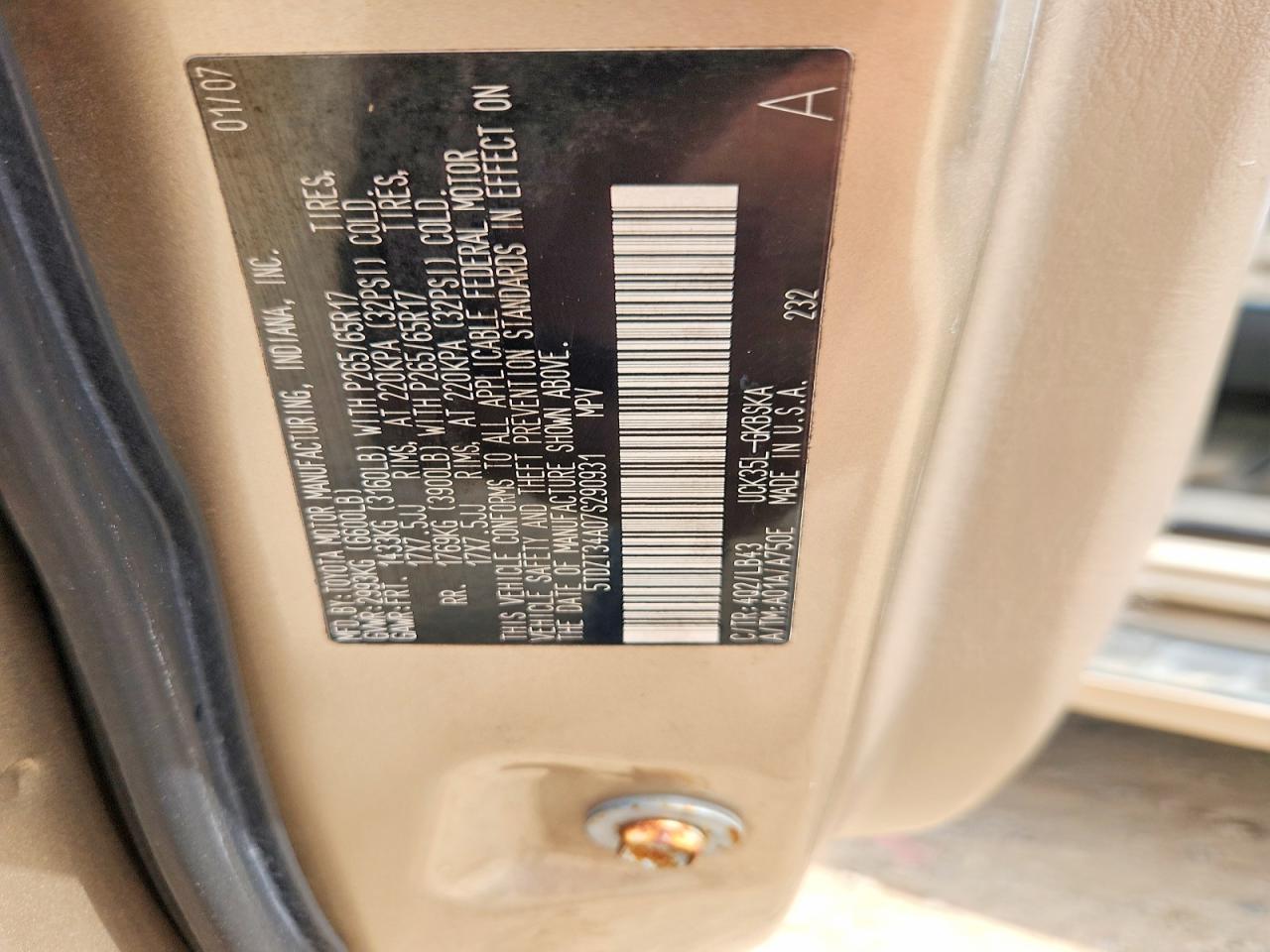 2007 Toyota Sequoia Sr5 Tan vin: 5TDZT34A07S290931