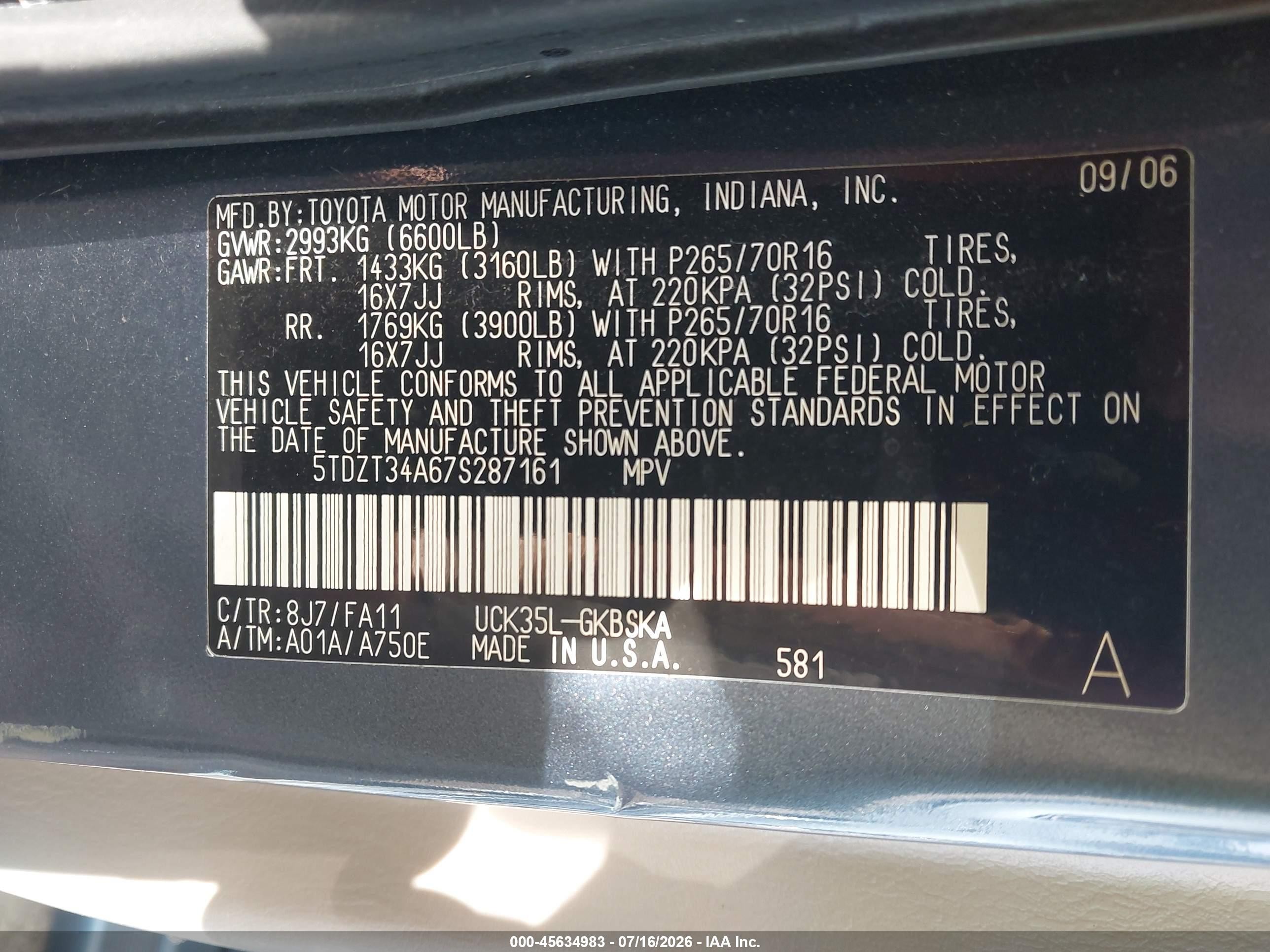 2007 Toyota Sequoia Sr5 Blue vin: 5TDZT34A67S287161