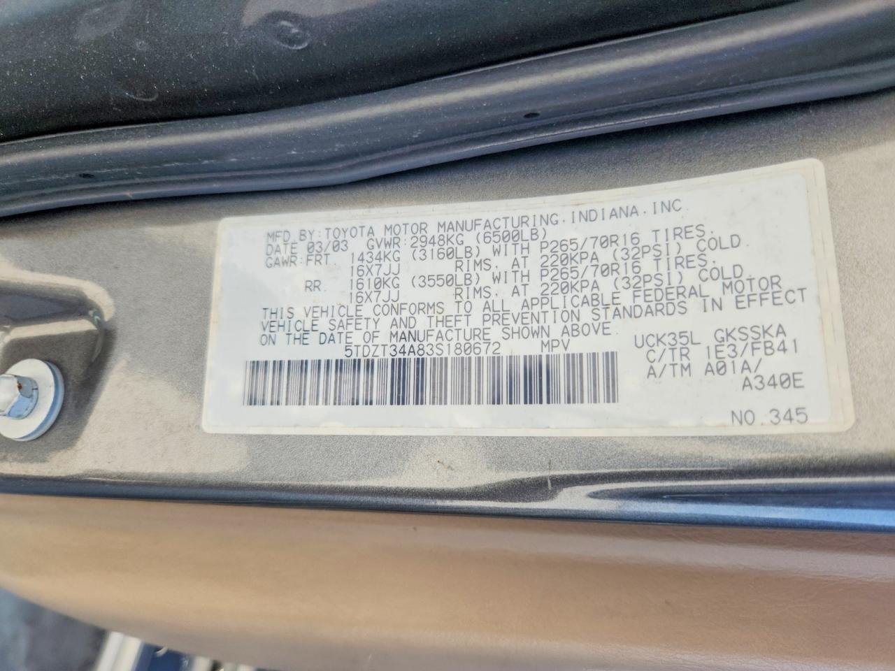 2003 Toyota Sequoia Sr5 Gray vin: 5TDZT34A83S180672