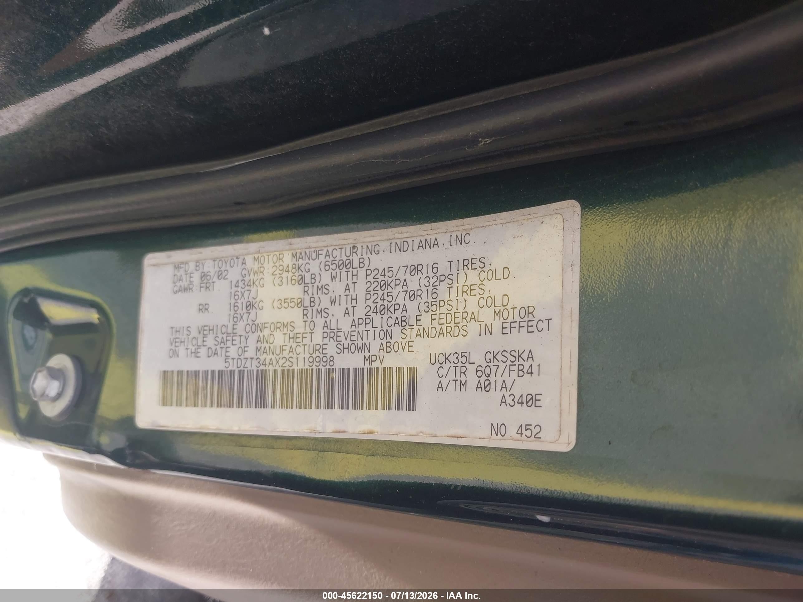2002 Toyota Sequoia Sr5 V8 Green vin: 5TDZT34AX2S119998