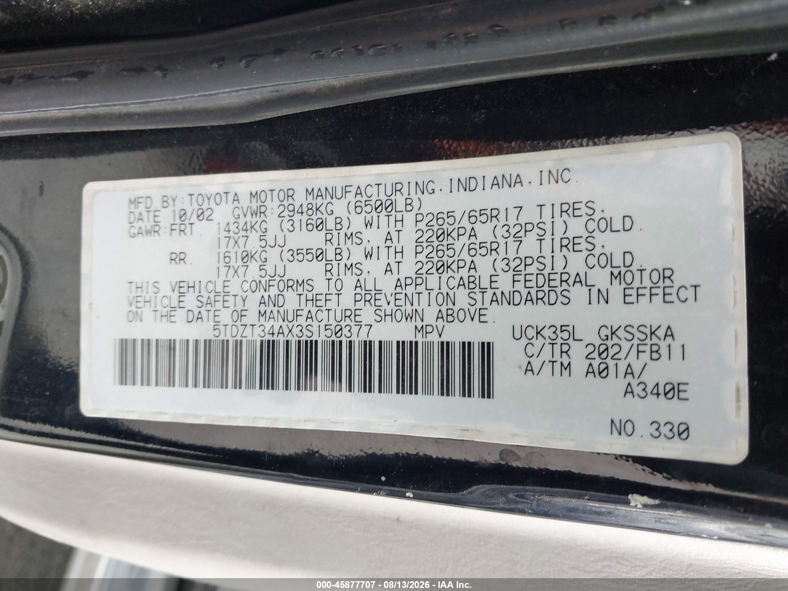 2003 Toyota Sequoia Sr5 V8 Black vin: 5TDZT34AX3S150377