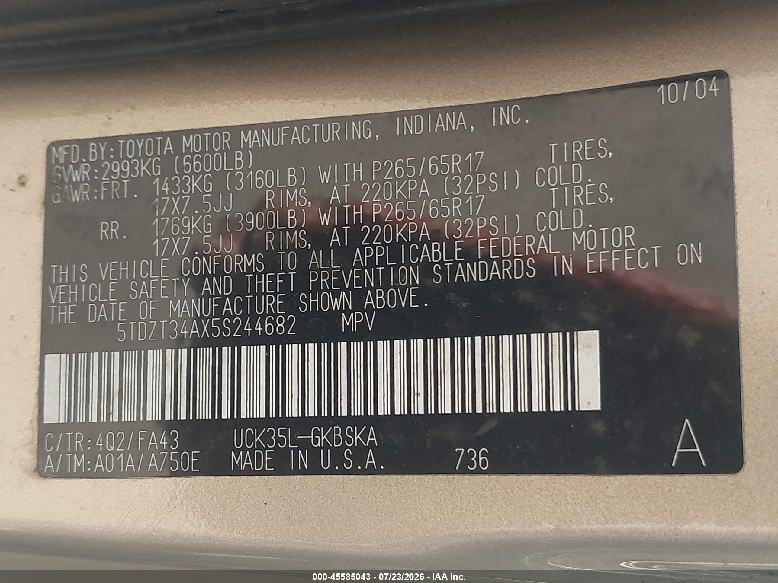 2005 Toyota Sequoia Sr5 V8 Champagne vin: 5TDZT34AX5S244682