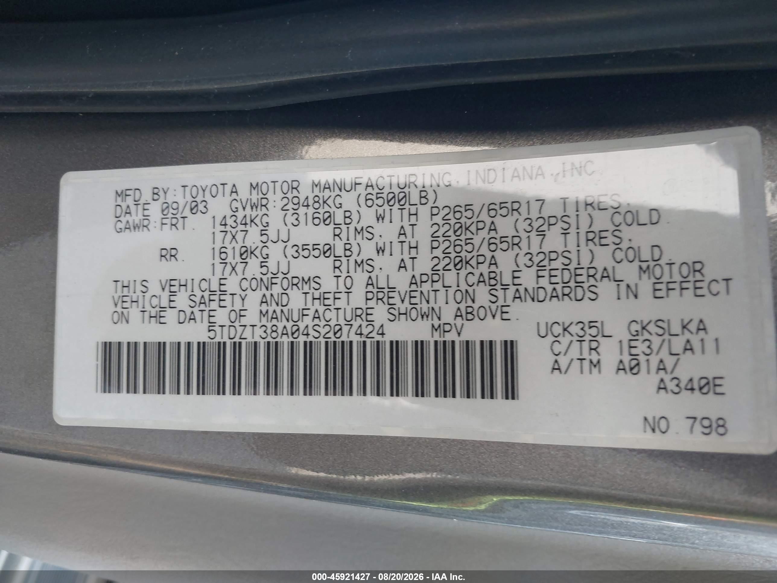 2004 Toyota Sequoia Limited V8 Серый vin: 5TDZT38A04S207424