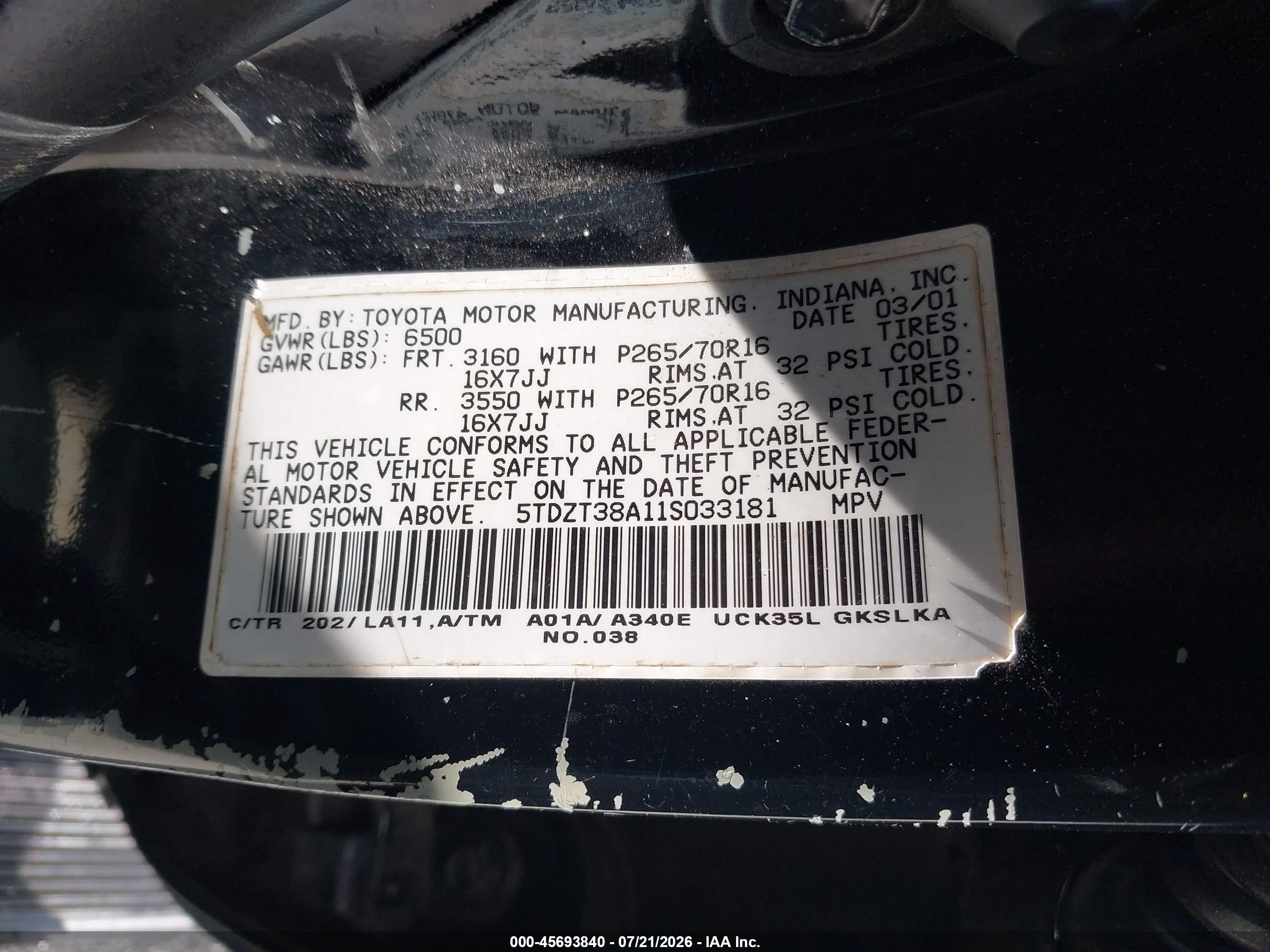 2001 Toyota Sequoia Limited V8 Black vin: 5TDZT38A11S033181
