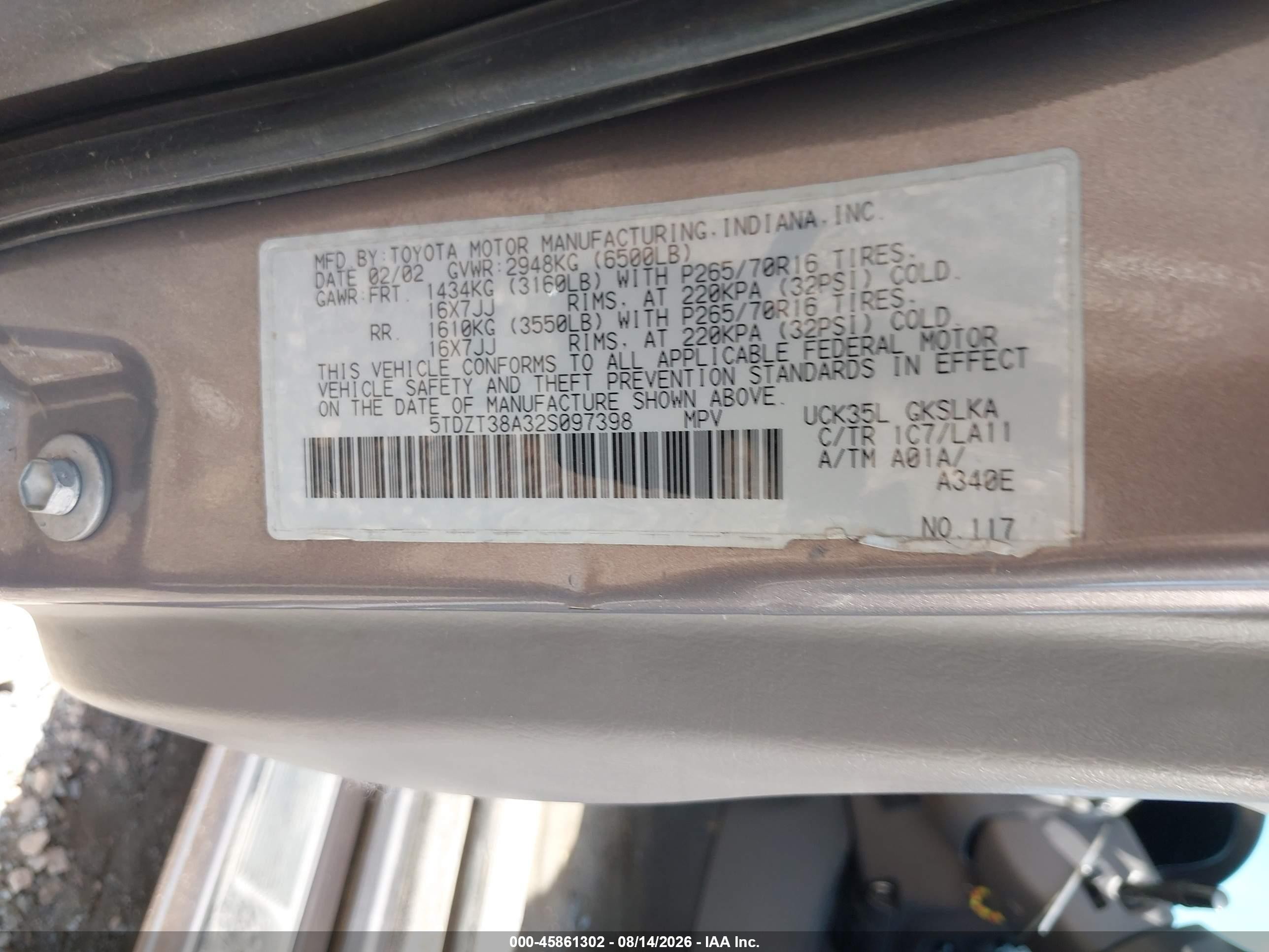 2002 Toyota Sequoia Limited V8 Серый vin: 5TDZT38A32S097398