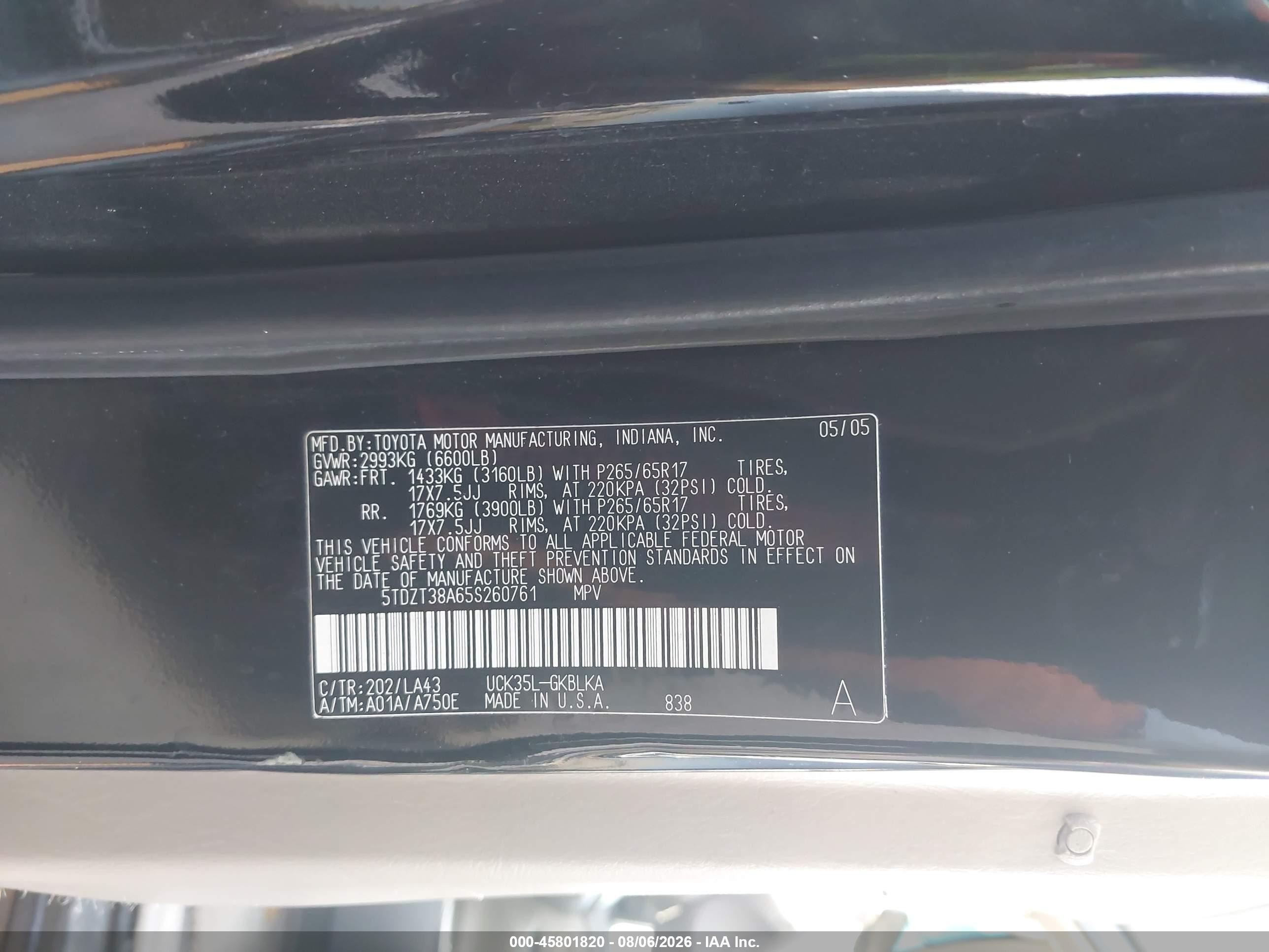 2005 Toyota Sequoia Limited V8 Black vin: 5TDZT38A65S260761