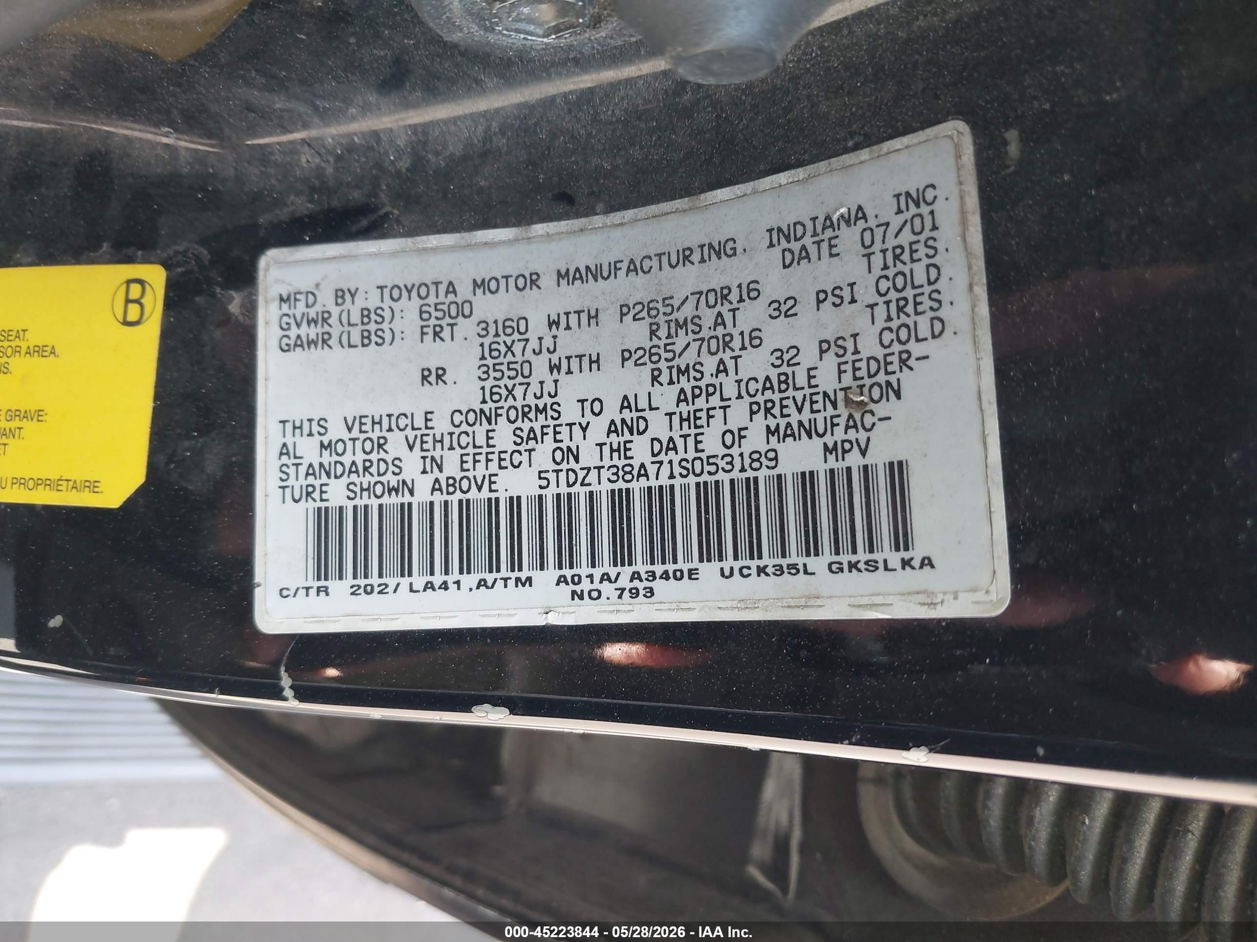 2001 Toyota Sequoia Limited V8 Black vin: 5TDZT38A71S053189