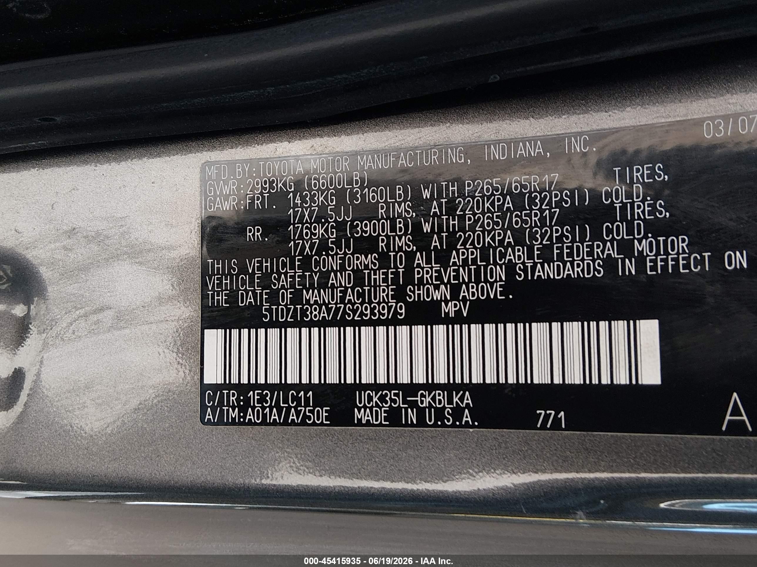 2007 Toyota Sequoia Limited Champagne vin: 5TDZT38A77S293979