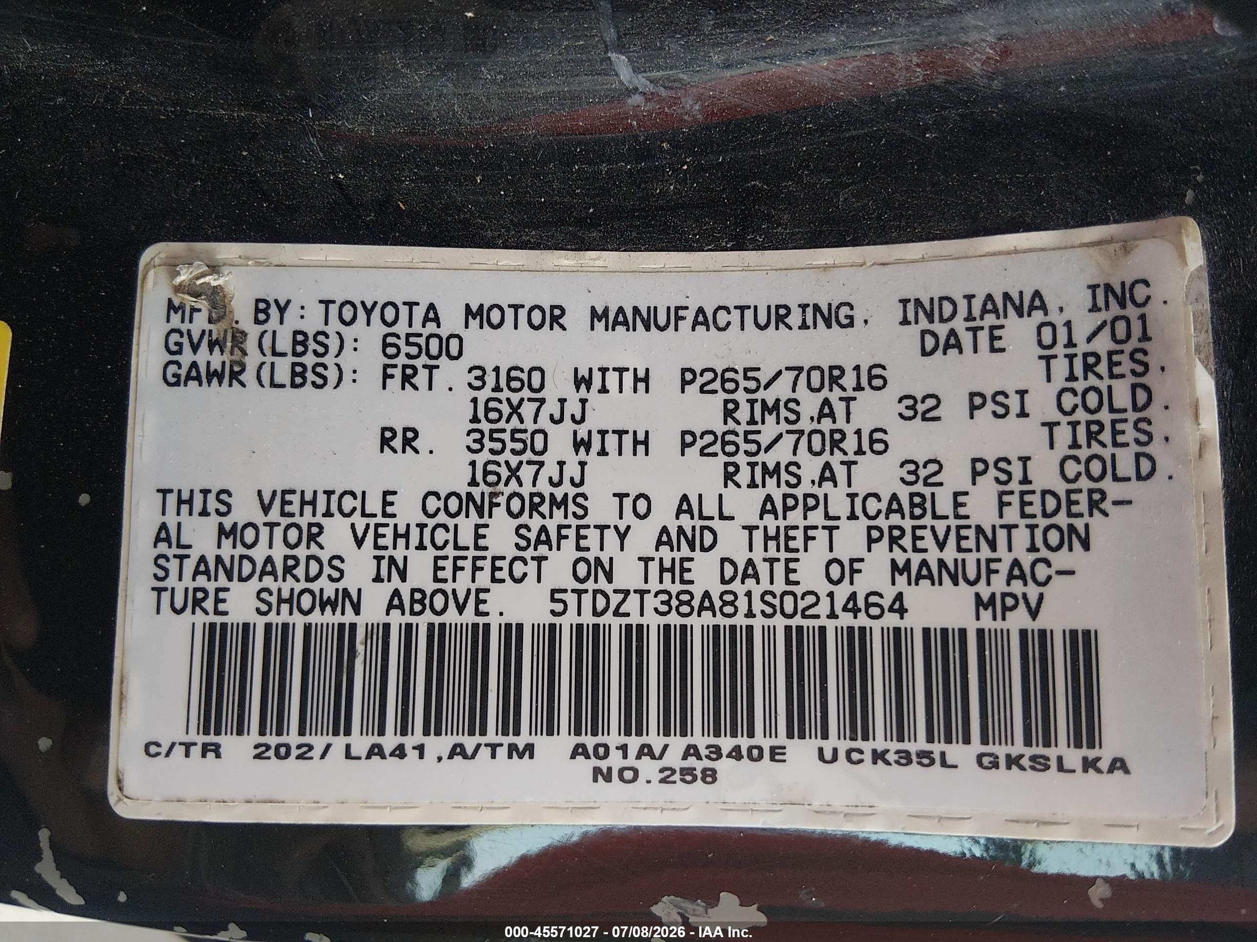 2001 Toyota Sequoia Limited V8 Black vin: 5TDZT38A81S021464