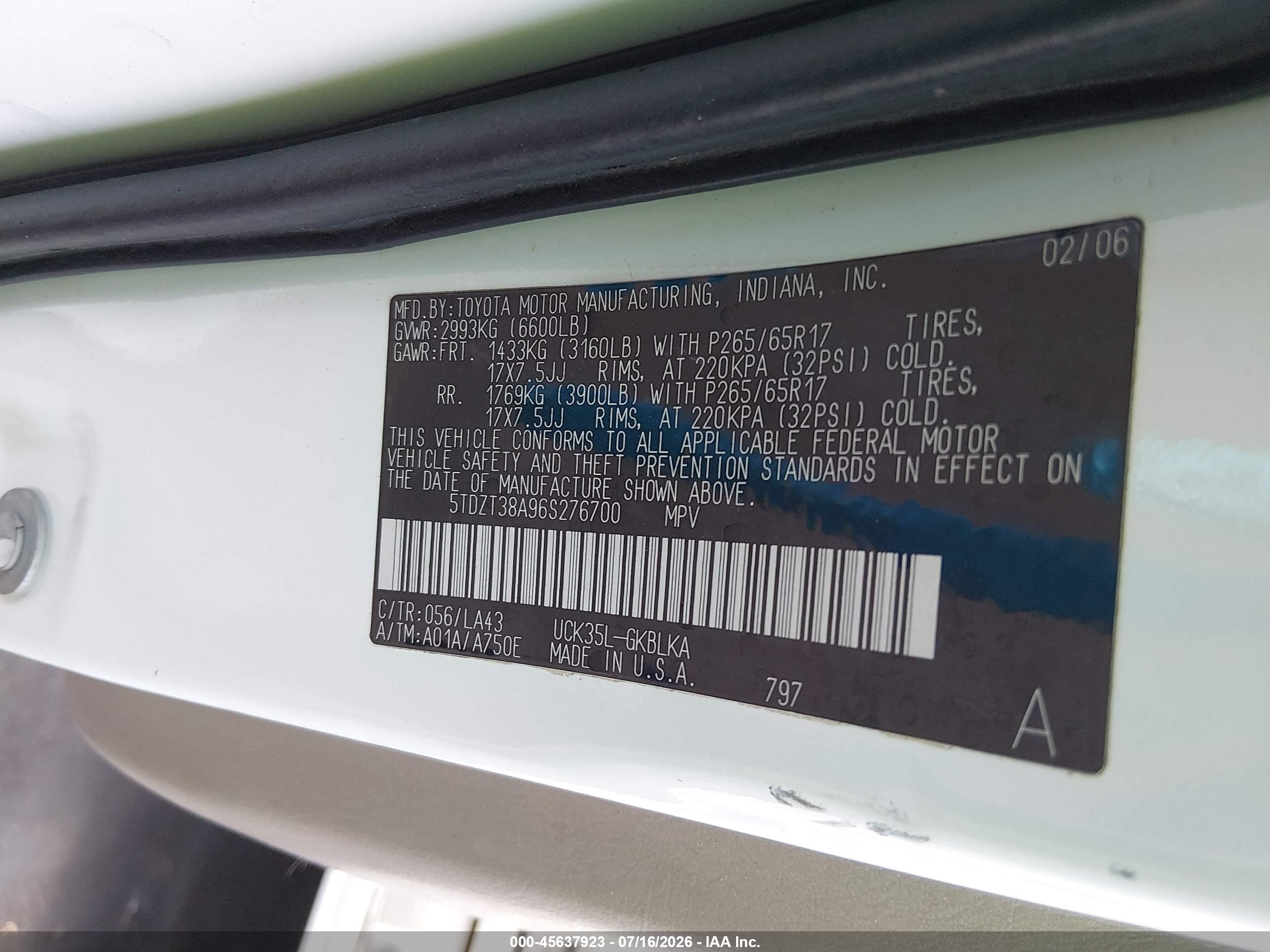 2006 Toyota Sequoia Limited V8 Белый vin: 5TDZT38A96S276700