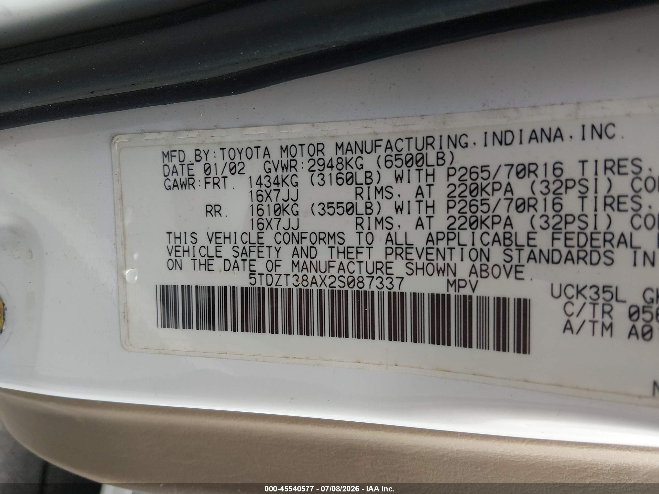 2002 Toyota Sequoia Limited V8 White vin: 5TDZT38AX2S087337