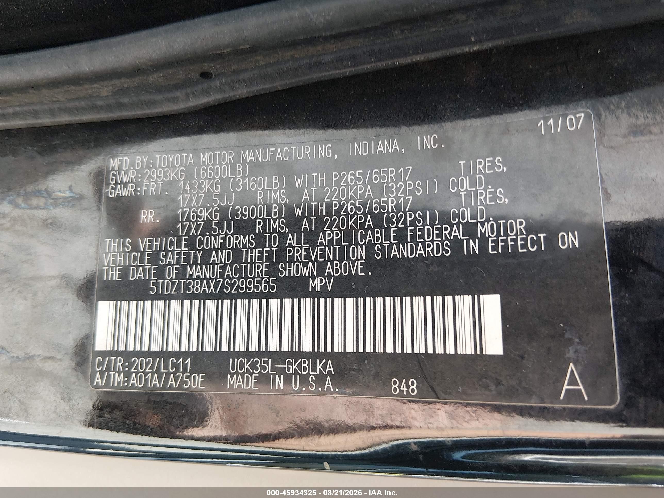2007 Toyota Sequoia Limited Black vin: 5TDZT38AX7S299565