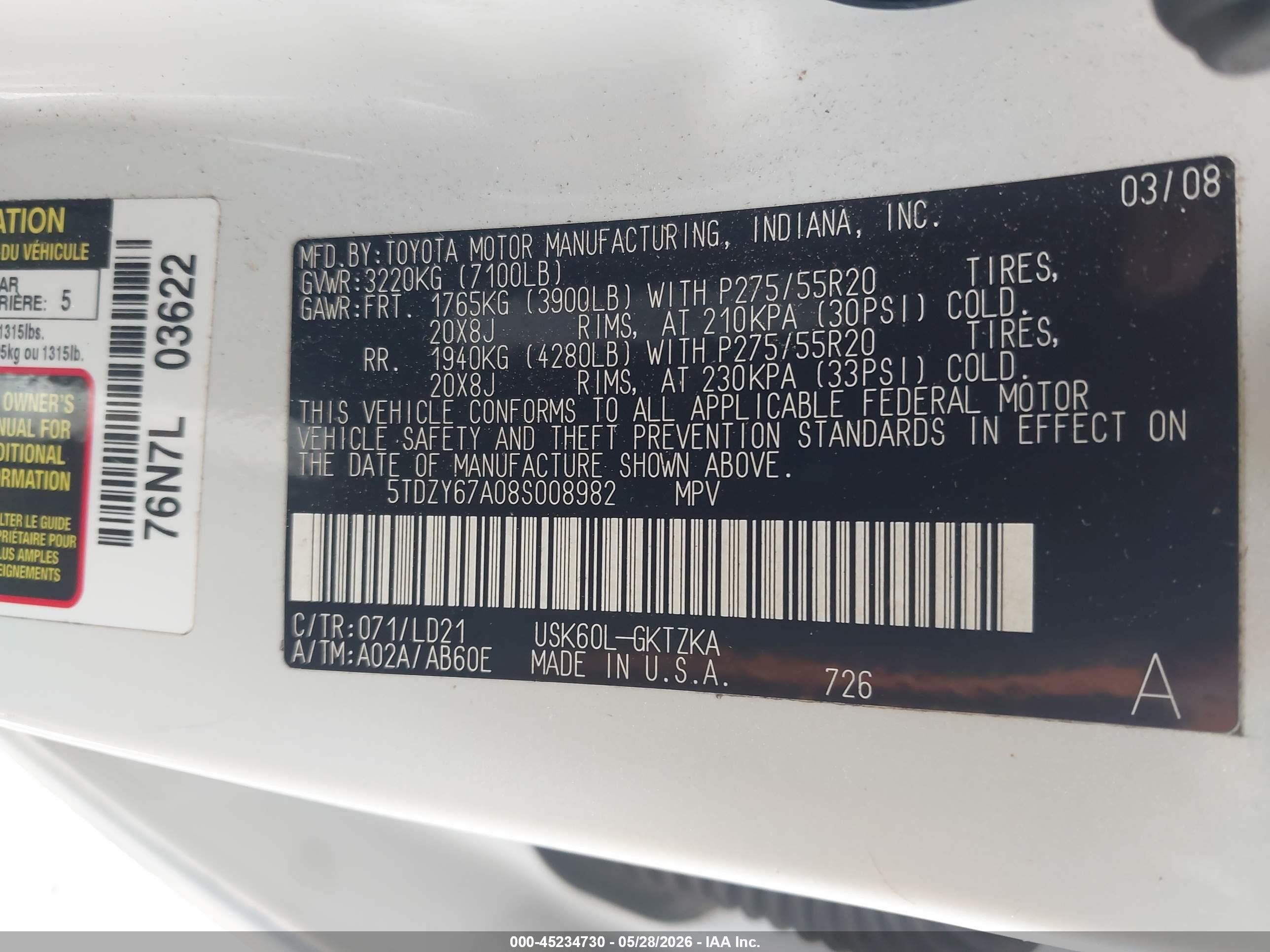 2008 Toyota Sequoia Platinum 5.7l V8 White vin: 5TDZY67A08S008982