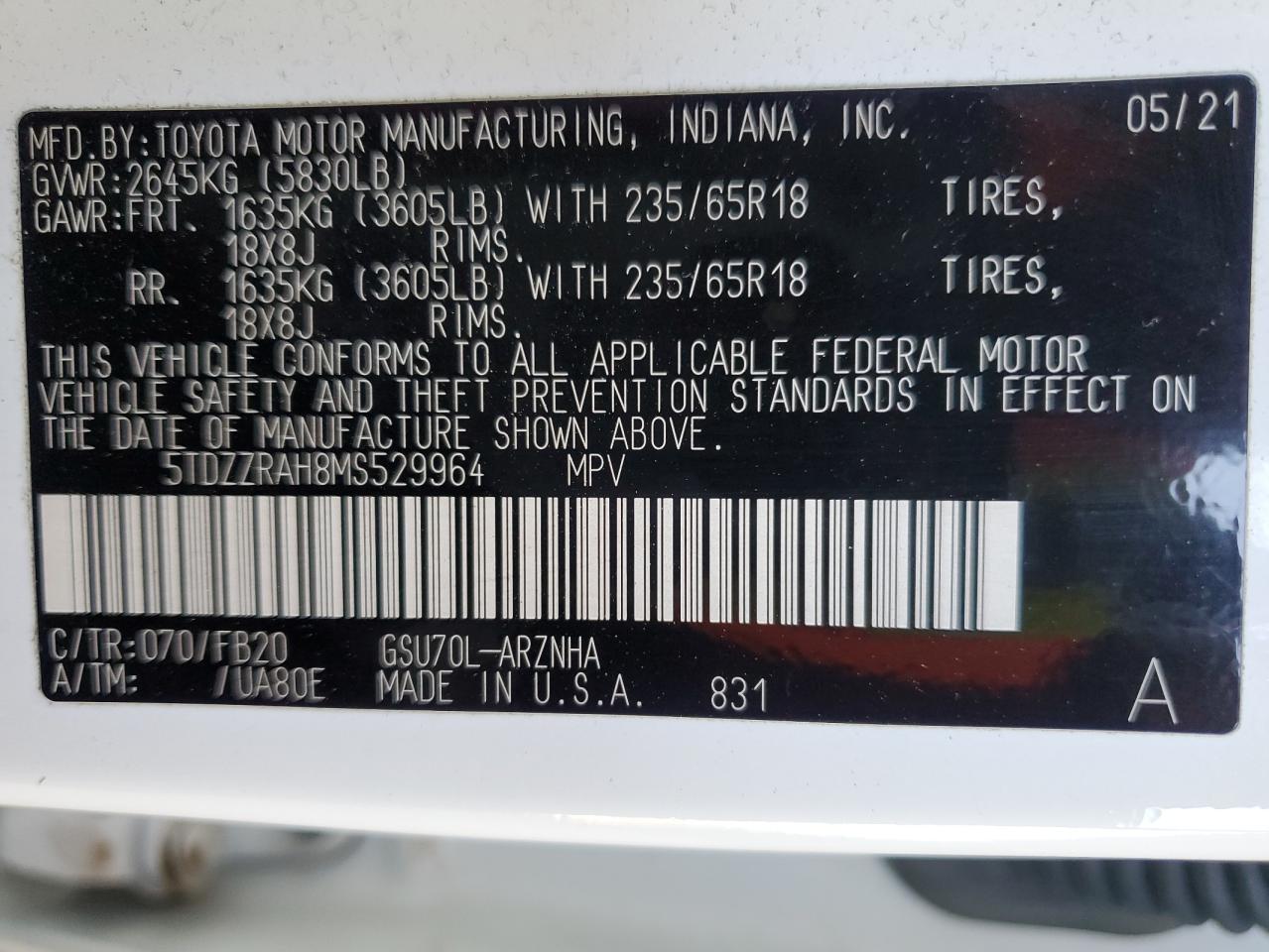2021 Toyota Highlander L Белый vin: 5TDZZRAH8MS529964