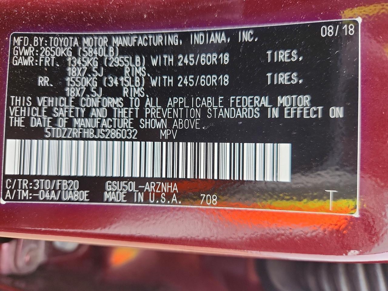 2018 Toyota Highlander Le Burgundy vin: 5TDZZRFH8JS286032