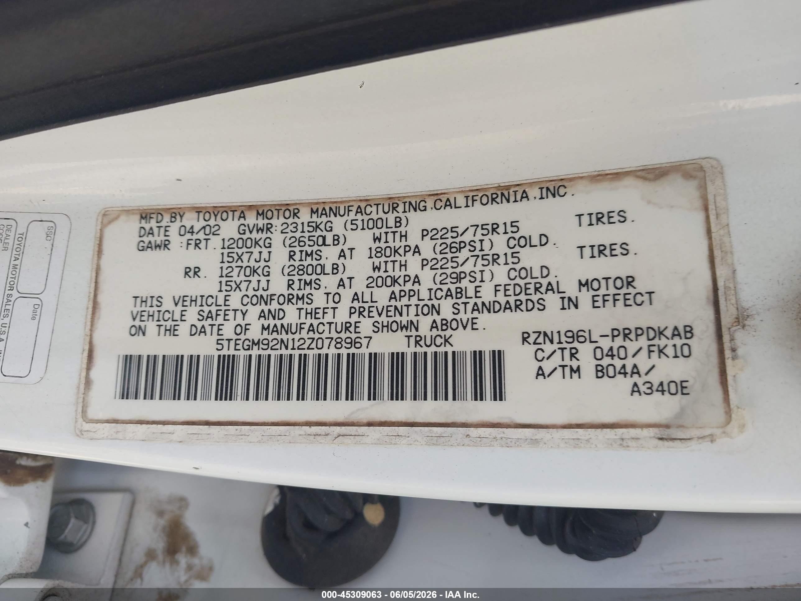 2002 Toyota Tacoma Prerunner White vin: 5TEGM92N12Z078967