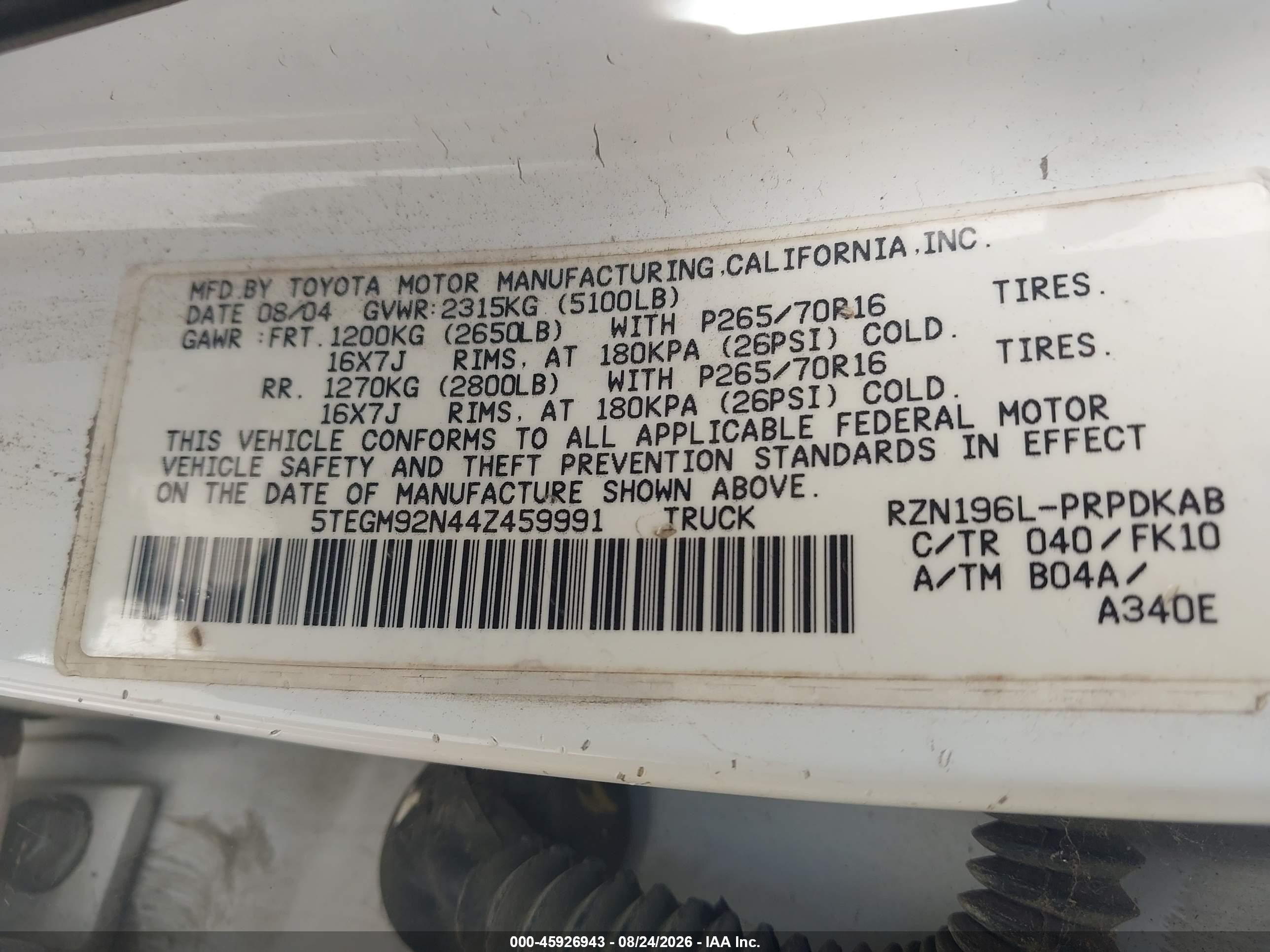 2004 Toyota Tacoma Prerunner White vin: 5TEGM92N44Z459991