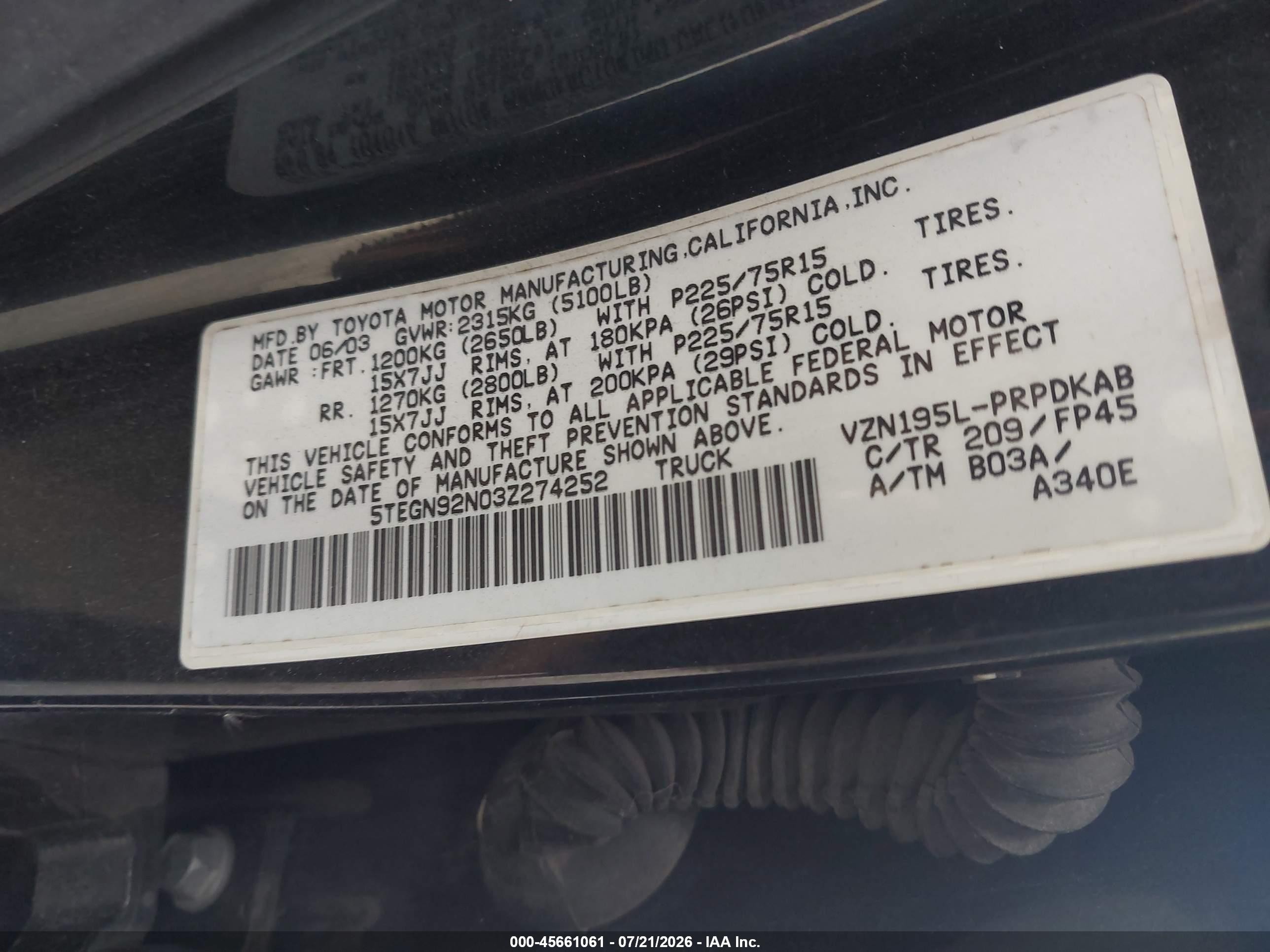 2003 Toyota Tacoma Prerunner V6 Black vin: 5TEGN92N03Z274252
