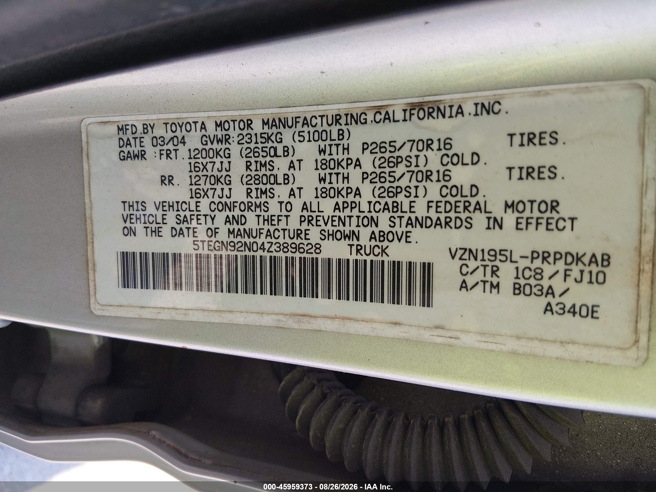 2004 Toyota Tacoma Prerunner V6 Silver vin: 5TEGN92N04Z389628