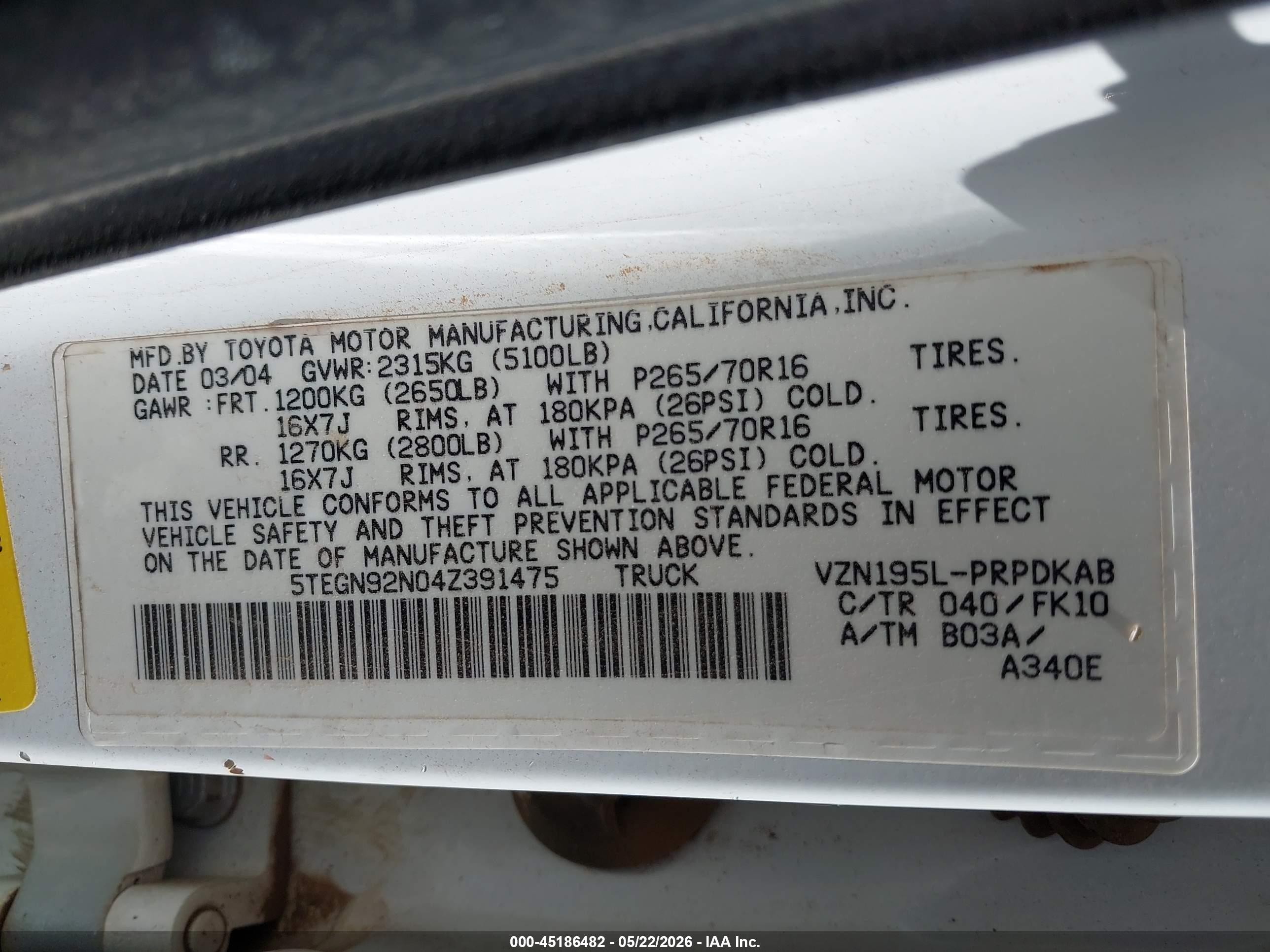 2004 Toyota Tacoma Prerunner V6 White vin: 5TEGN92N04Z391475