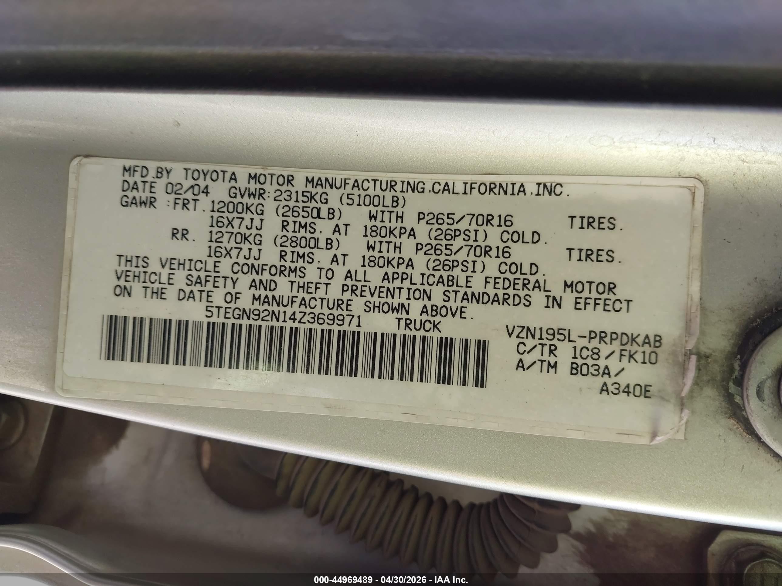 2004 Toyota Tacoma Prerunner V6 Silver vin: 5TEGN92N14Z369971