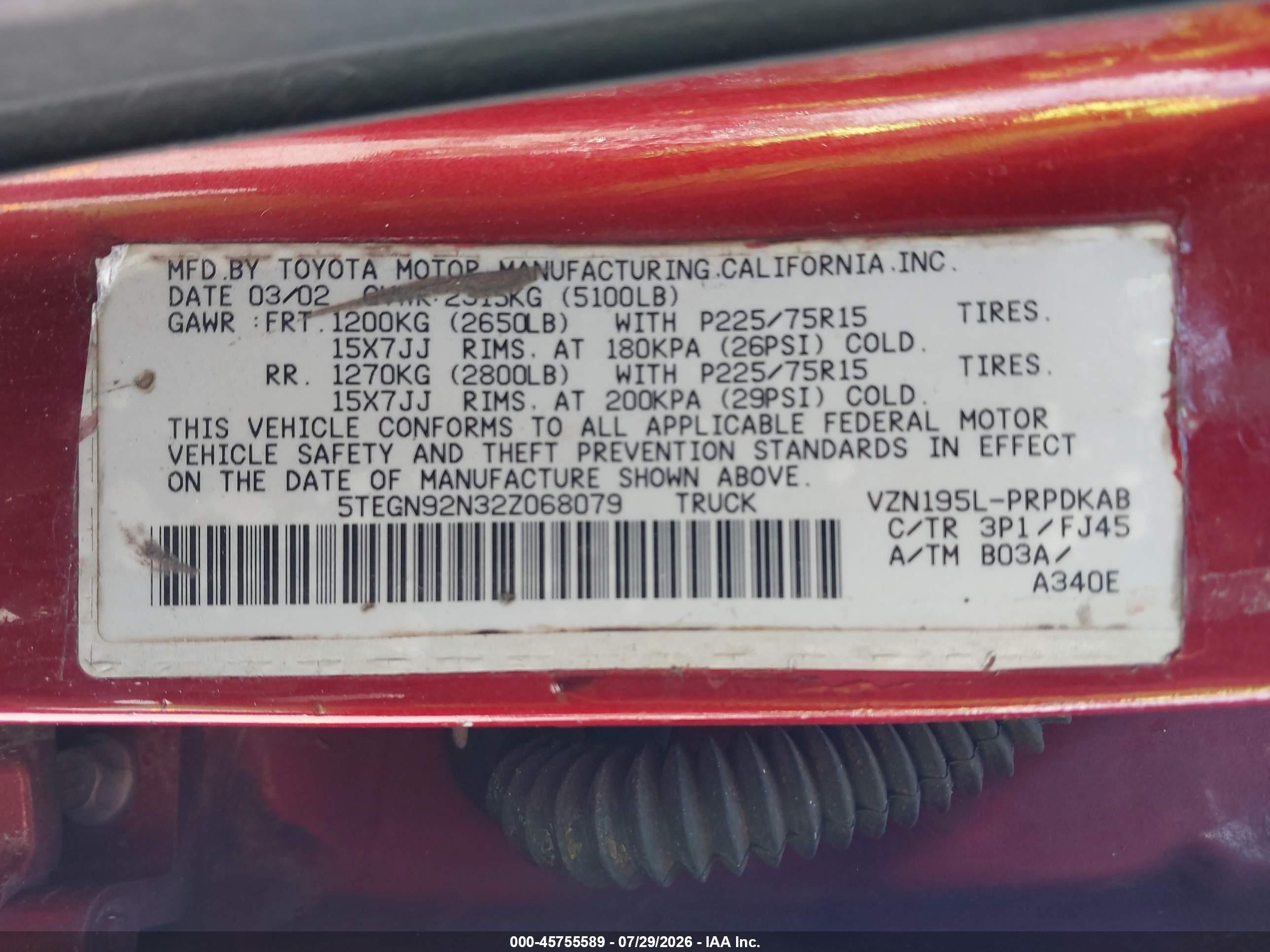2002 Toyota Tacoma Prerunner V6 Red vin: 5TEGN92N32Z068079