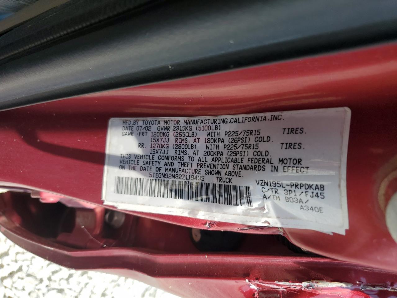 2002 Toyota Tacoma Double Cab Prerunner Red vin: 5TEGN92N32Z119435