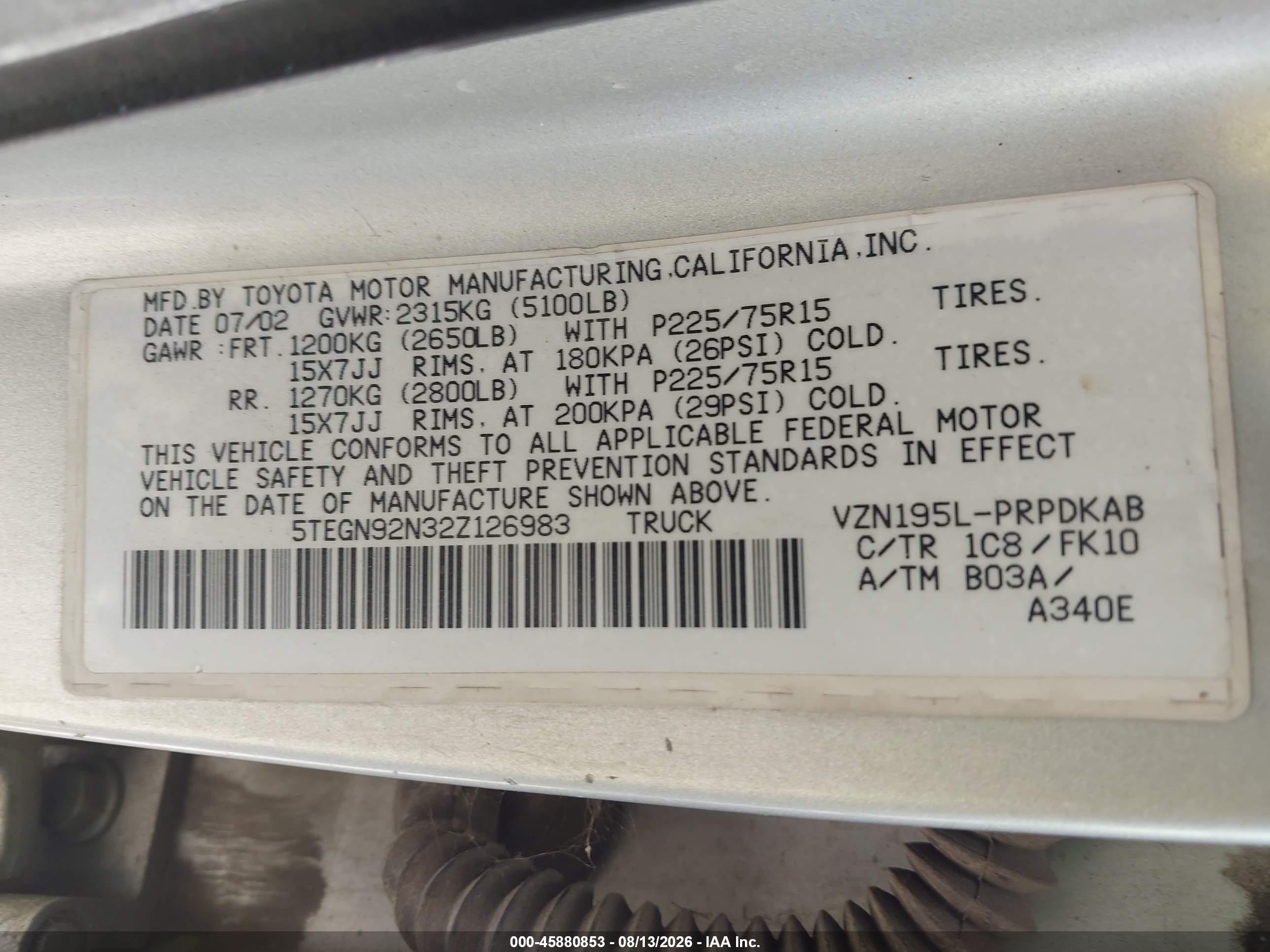 2002 Toyota Tacoma Prerunner V6 Silver vin: 5TEGN92N32Z126983