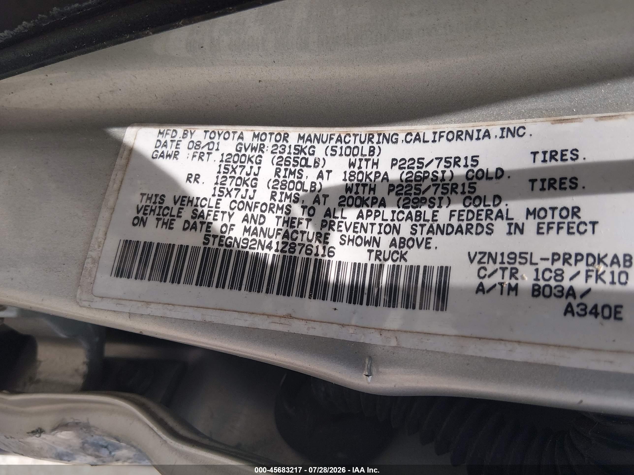 2001 Toyota Tacoma Prerunner V6 Silver vin: 5TEGN92N41Z876116