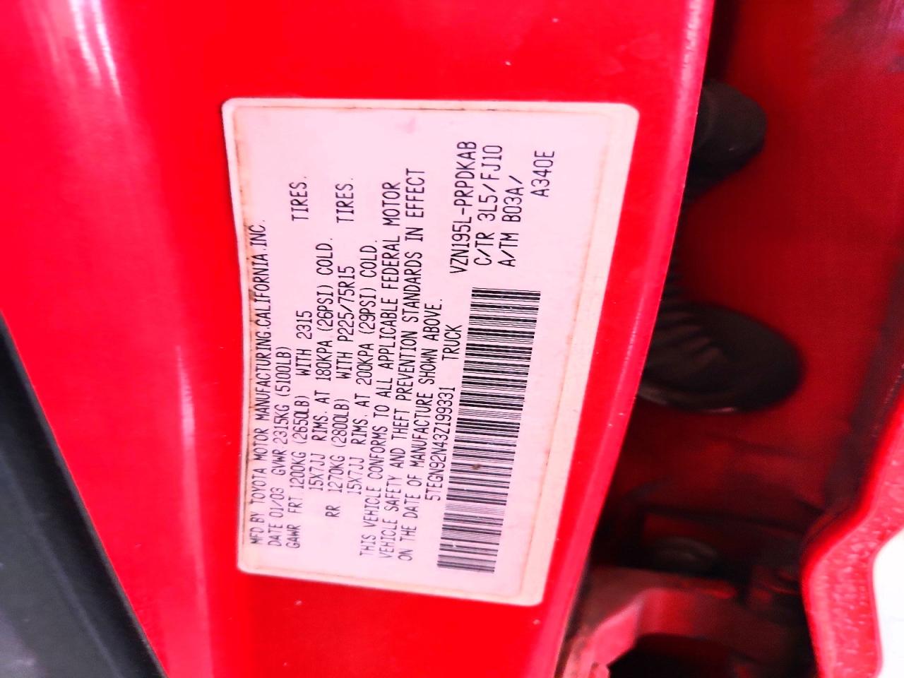 2003 Toyota Tacoma Double Cab Prerunner Red vin: 5TEGN92N43Z199331