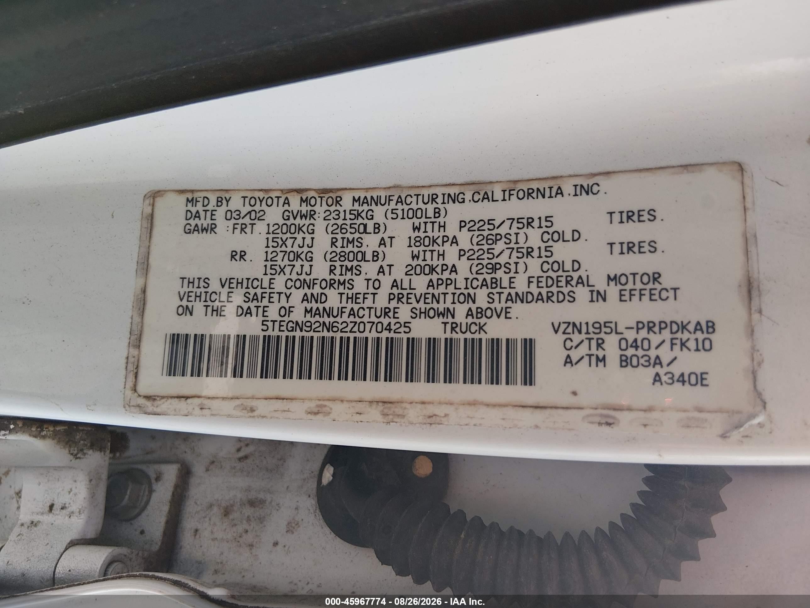 2002 Toyota Tacoma Prerunner V6 White vin: 5TEGN92N62Z070425