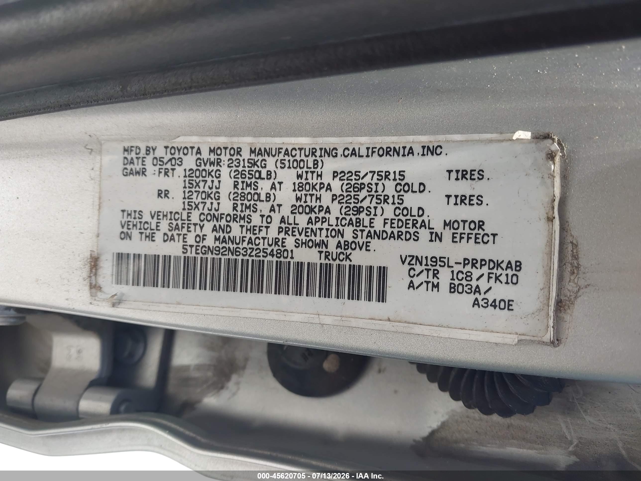 2003 Toyota Tacoma Prerunner V6 Silver vin: 5TEGN92N63Z254801