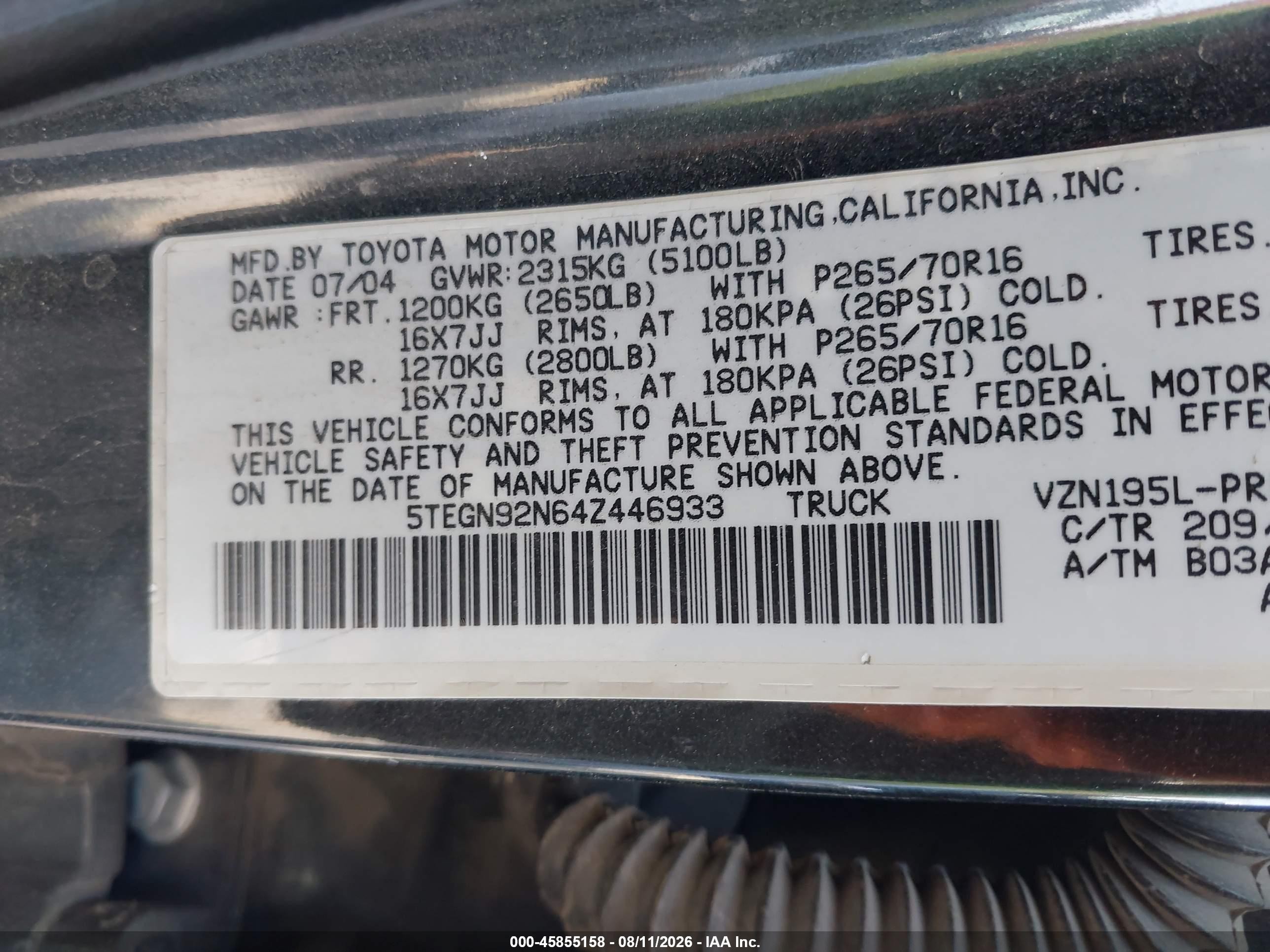 2004 Toyota Tacoma Prerunner V6 Black vin: 5TEGN92N64Z446933