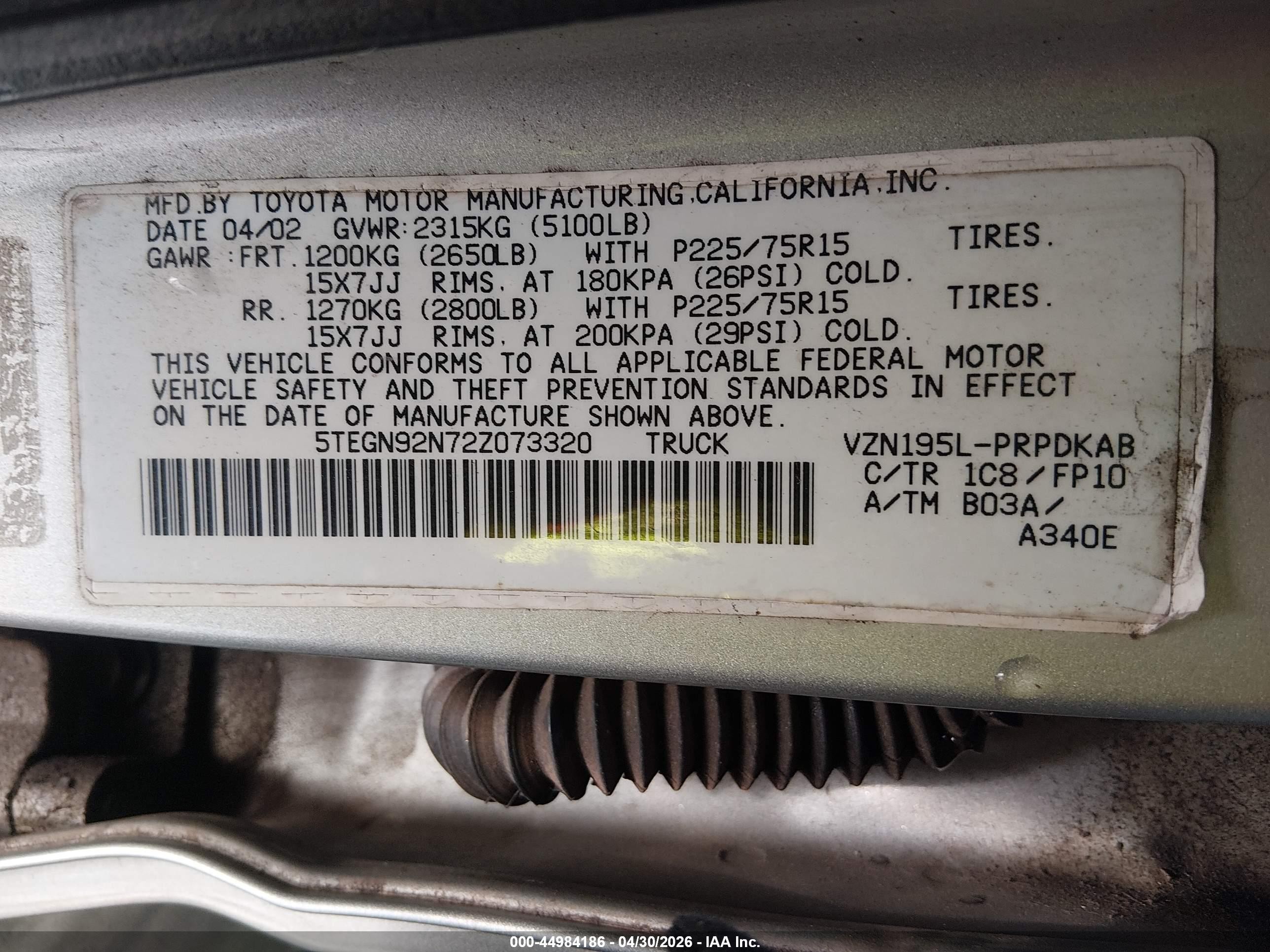 2002 Toyota Tacoma Prerunner V6 Silver vin: 5TEGN92N72Z073320