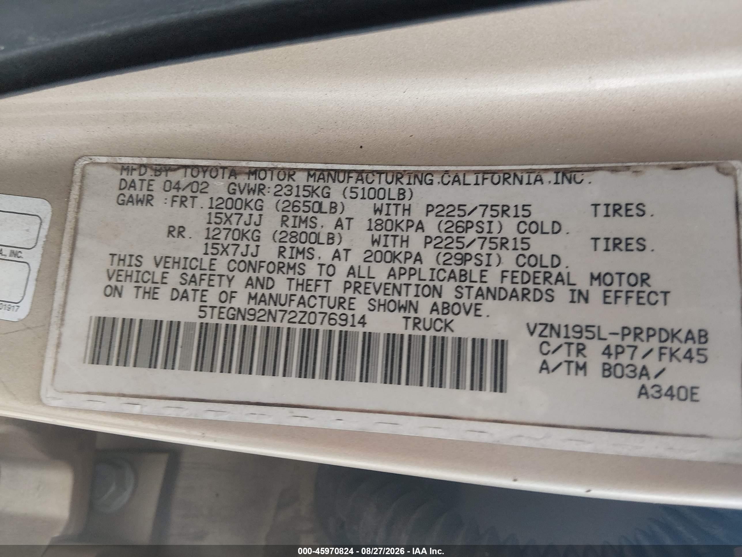2002 Toyota Tacoma Prerunner V6 Gold vin: 5TEGN92N72Z076914