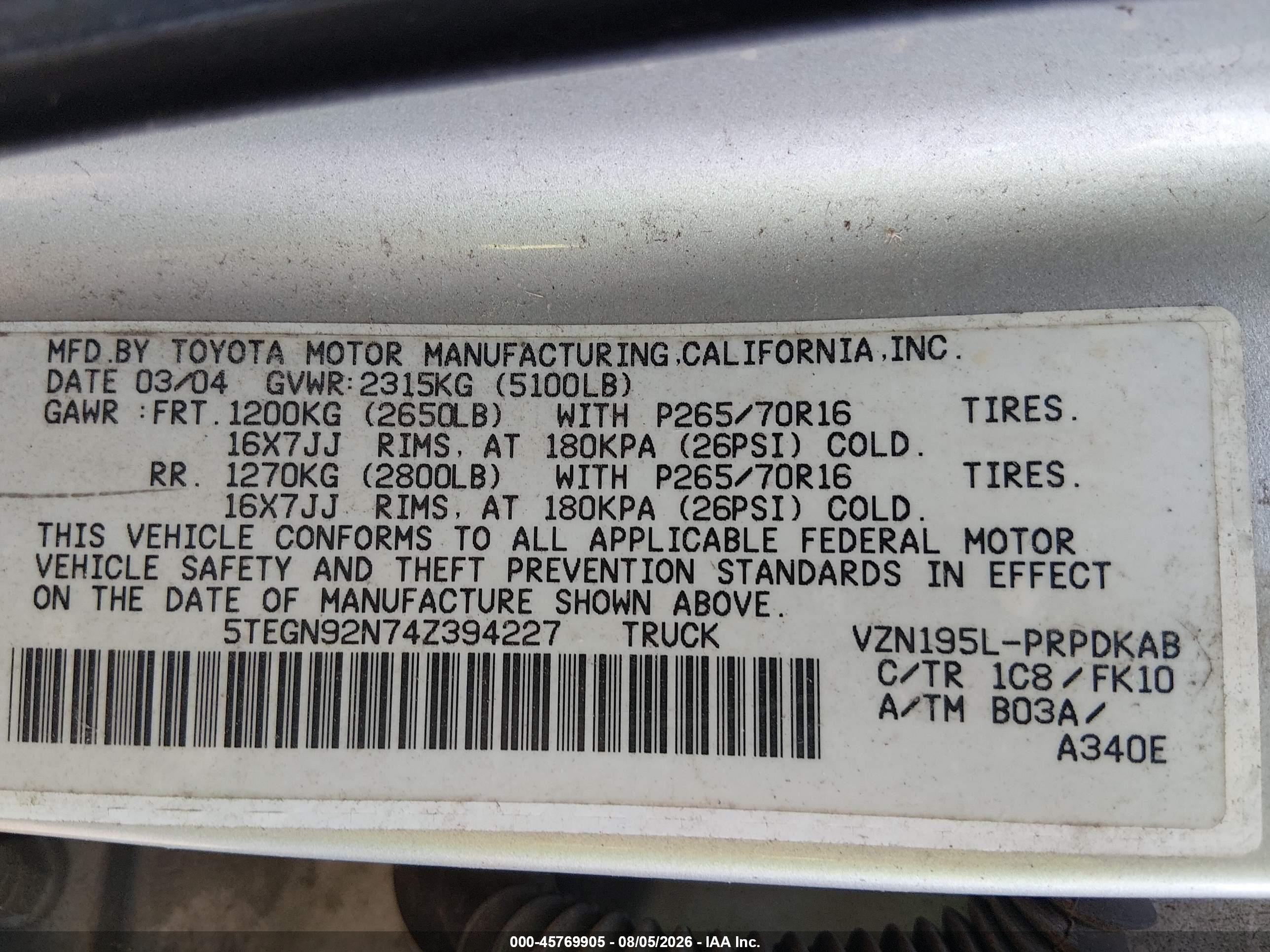 2004 Toyota Tacoma Prerunner V6 Silver vin: 5TEGN92N74Z394227